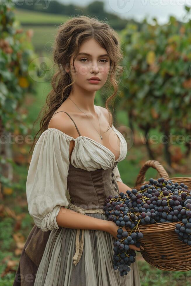 ai gerado uma mulher dentro uma grandes luz saia e curto topo dentro uma Vinhedo coleta uvas dentro uma cesta foto