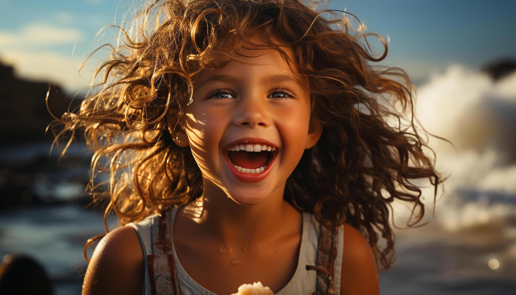 ai gerado sorridente criança goza despreocupado verão, riso e alegre natureza gerado de ai foto