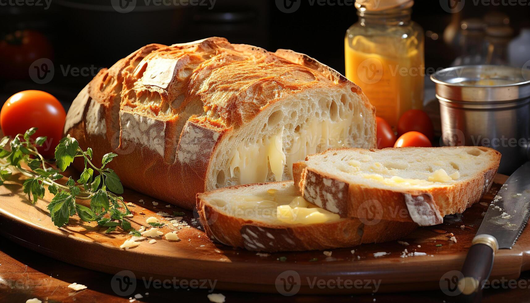 ai gerado frescor e gourmet refeição grelhado carne, tomate em fatia pão gerado de ai foto