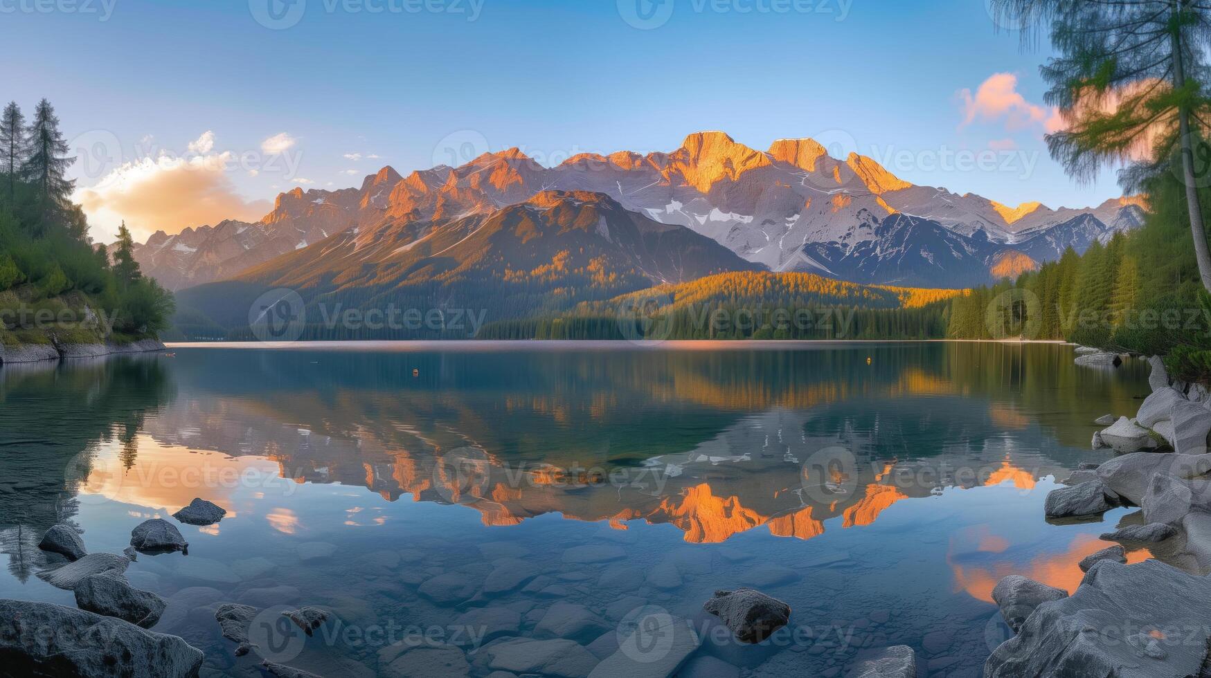 ai gerado tranquilo nascer do sol sobre alpino lago com montanha reflexões. foto