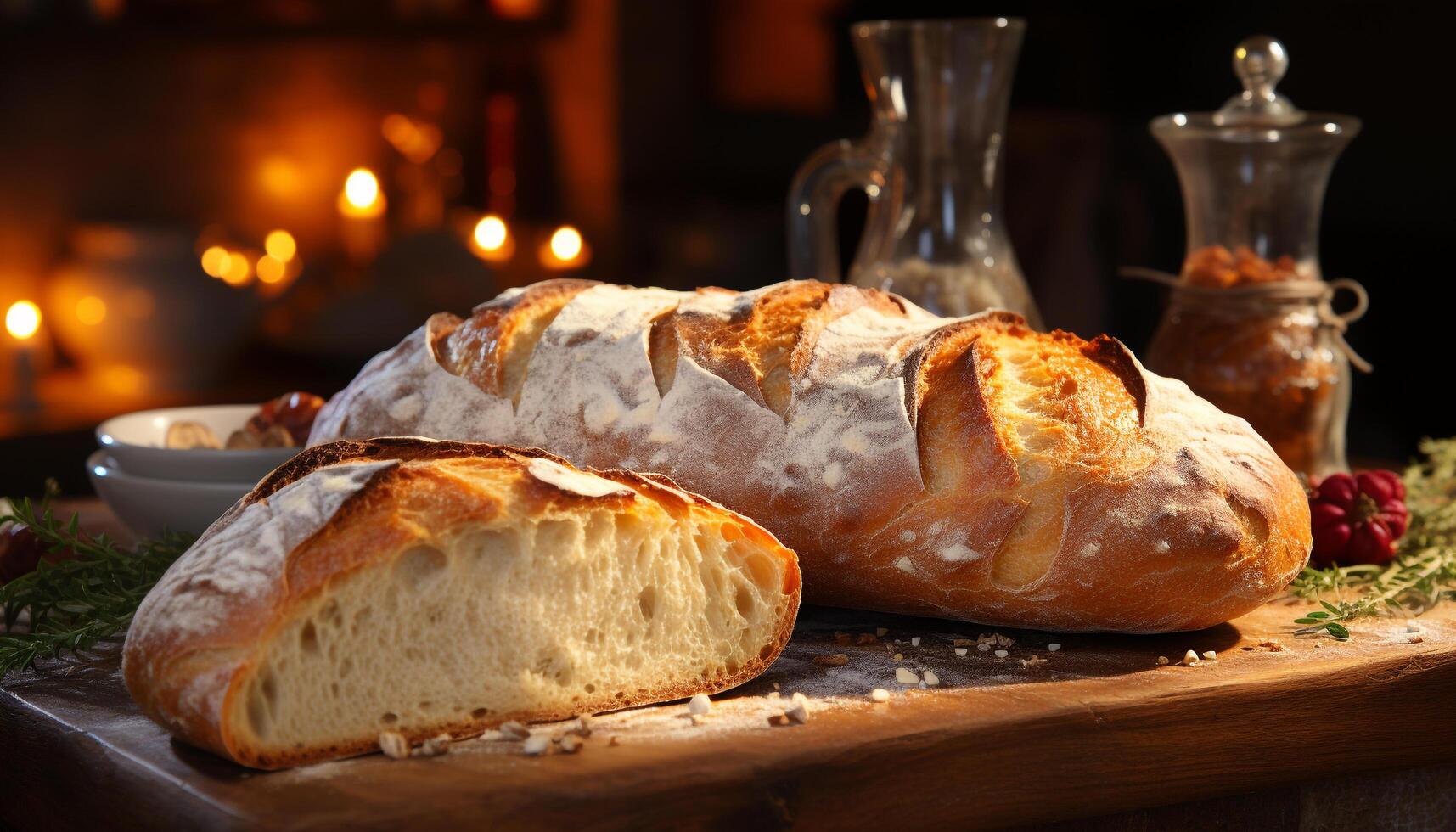 ai gerado recentemente cozido ciabatta pão em rústico de madeira mesa, caseiro gourmet gerado de ai foto