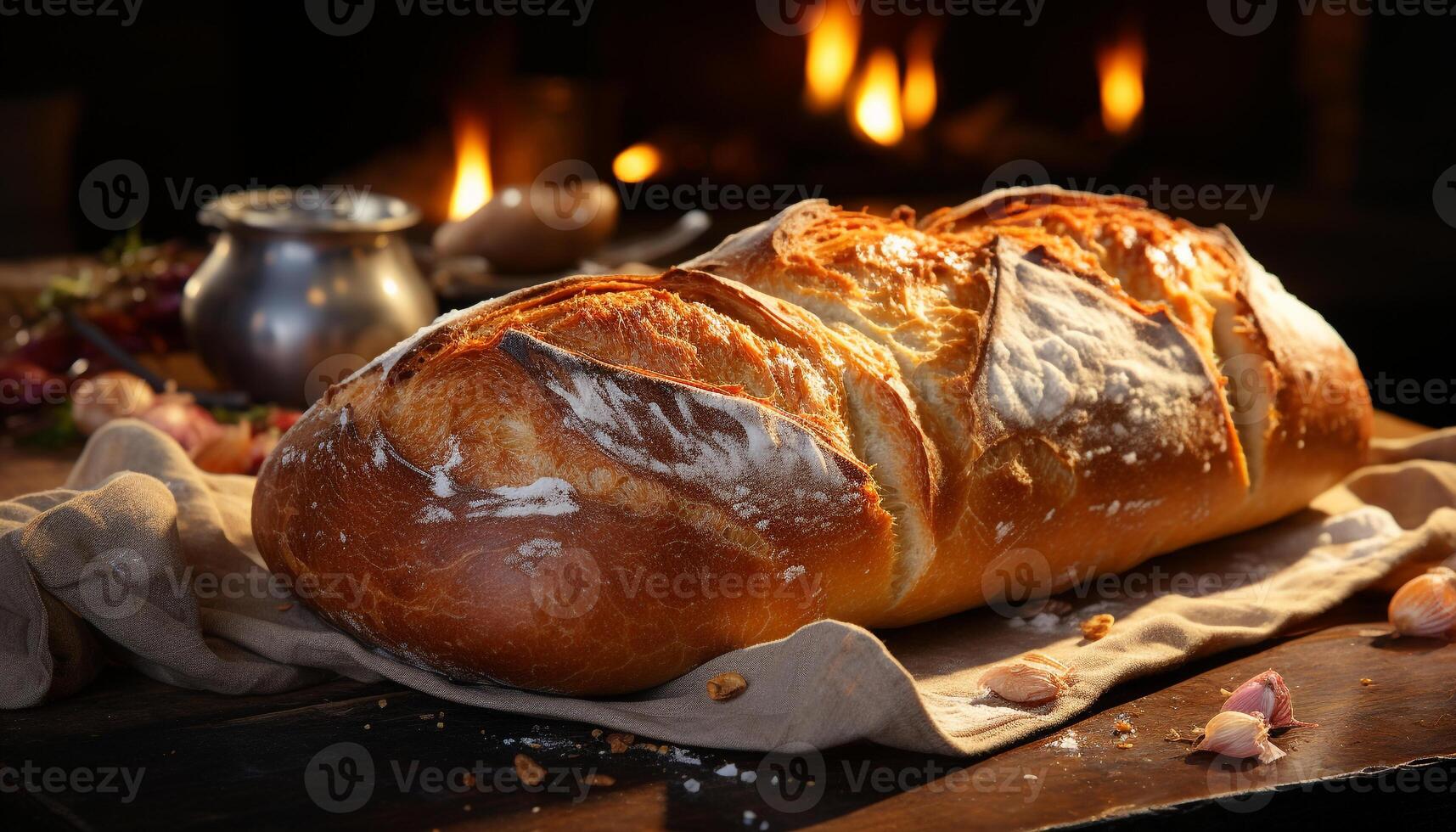 ai gerado recentemente cozido pão em uma de madeira mesa, pronto para comer gerado de ai foto