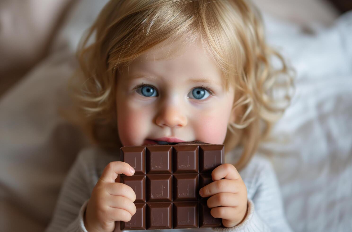 ai gerado criança pequena com chocolate Barra foto