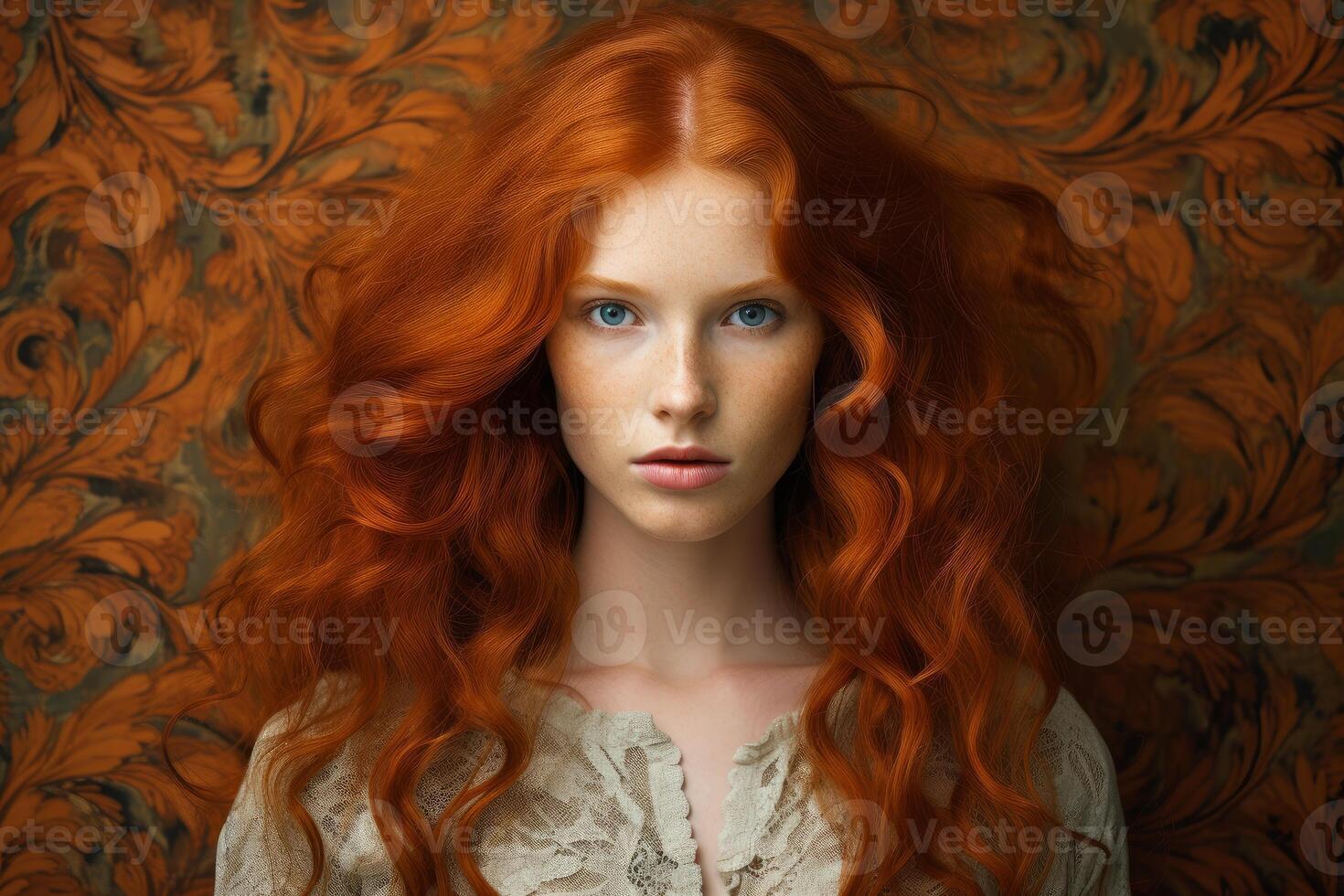 ai gerado vibrante vermelho cabelo mulher escadas muro. gerar ai foto