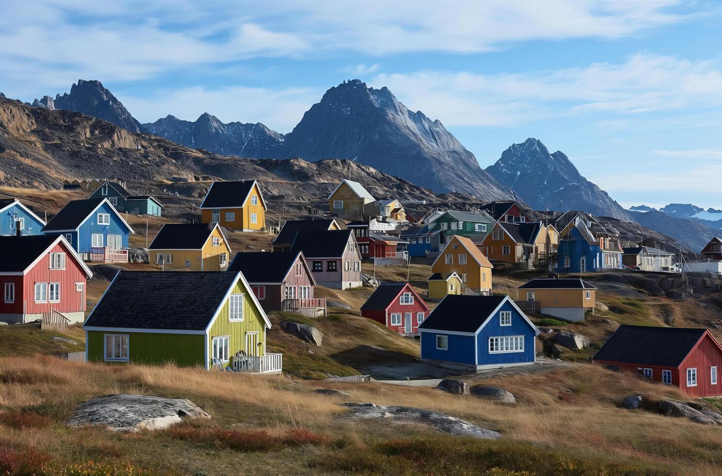 ai gerado colorida Vila contra montanha pano de fundo dentro Groenlândia foto