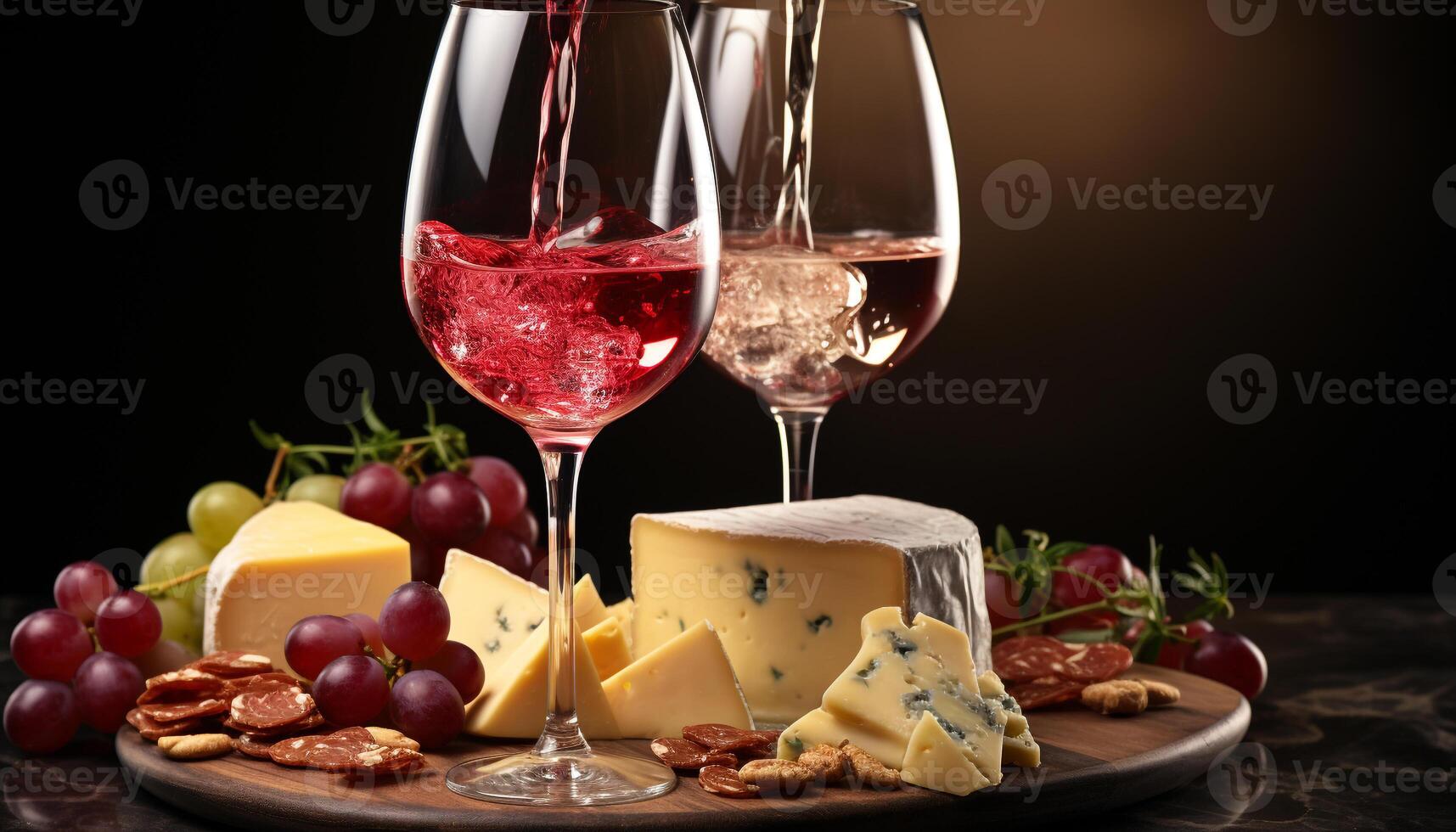 ai gerado gourmet refeição vinho, queijo, pão, prosciutto, fruta, refresco, luxo gerado de ai foto