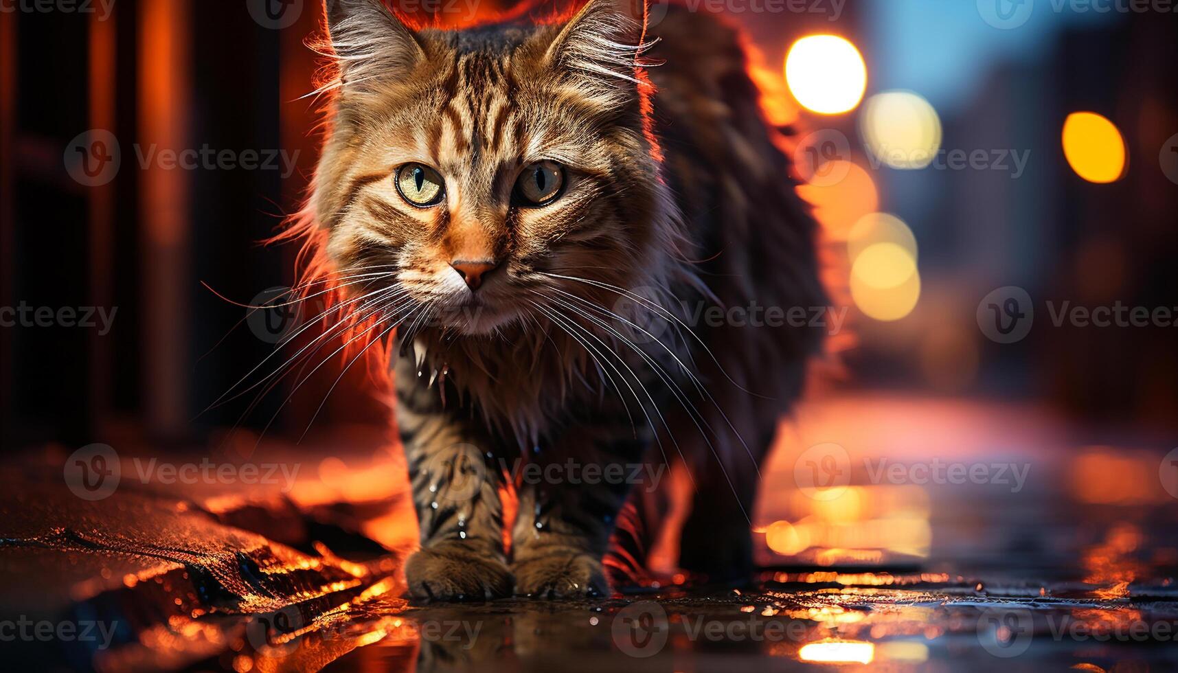 ai gerado fofa gatinho olhando às Câmera, sentado ao ar livre dentro a Sombrio gerado de ai foto