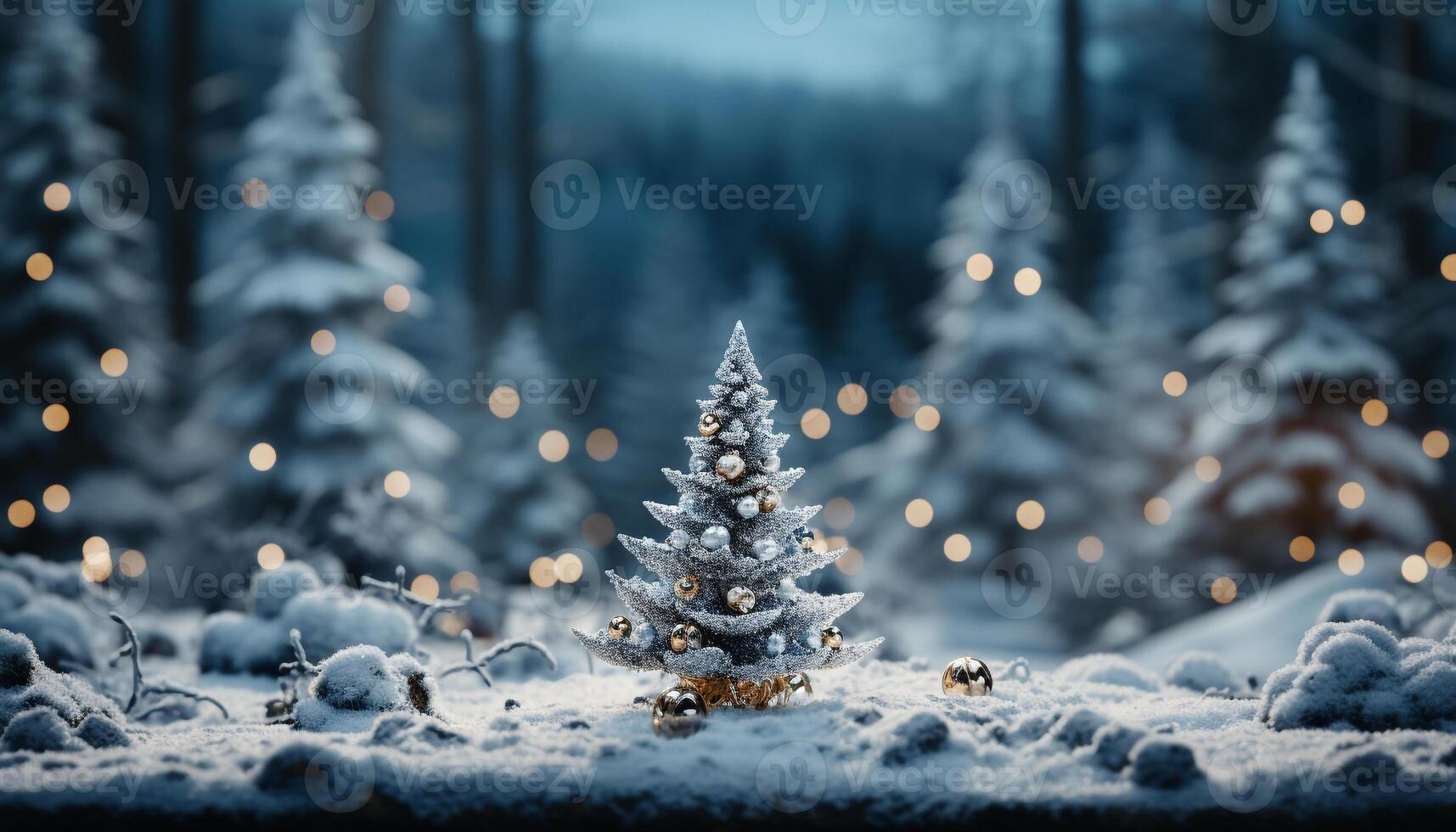 ai gerado inverno noite, neve coberto árvore, brilhando Natal luzes, gelado celebração gerado de ai foto