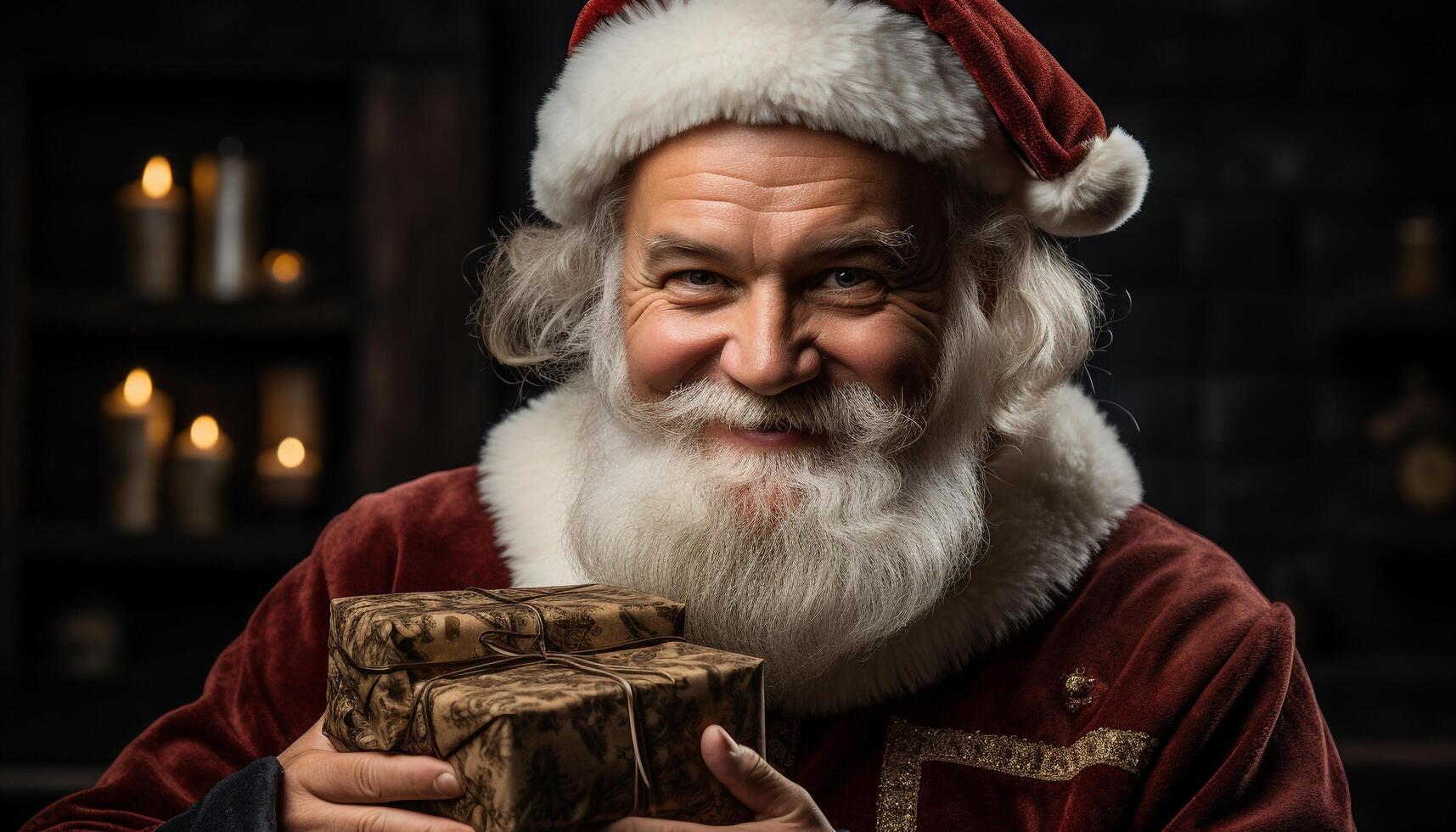 ai gerado sorridente Senior homem segurando Natal presente, olhando às Câmera gerado de ai foto