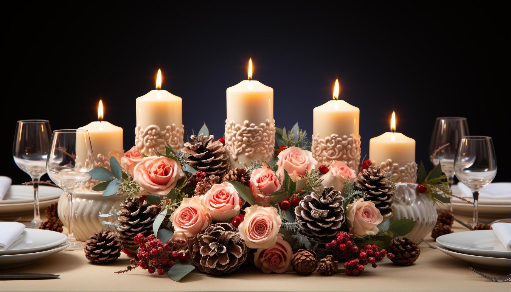 ai gerado acolhedor inverno celebração com luz de velas, pinho cones, e elegante decoração gerado de ai foto