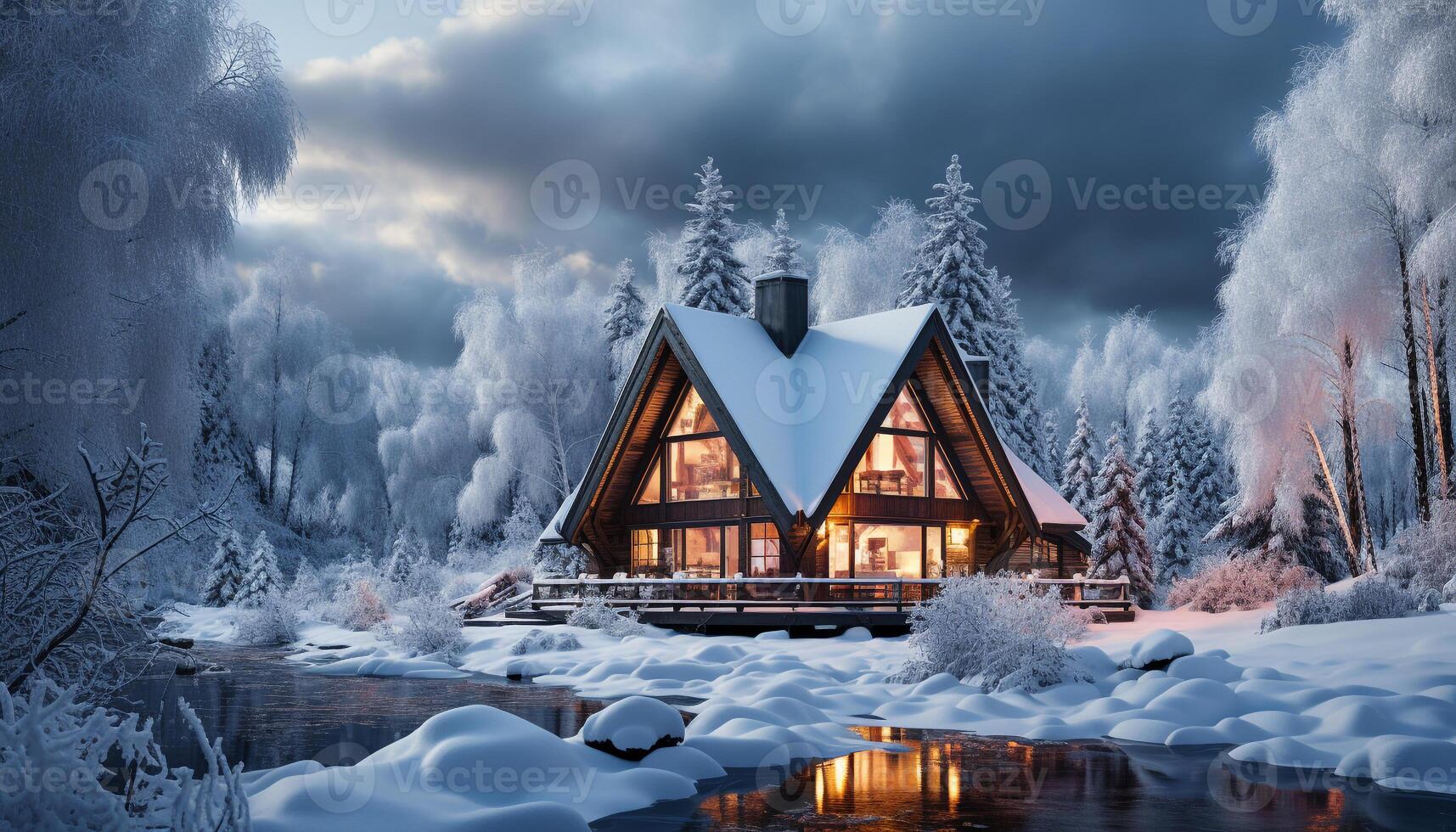 ai gerado inverno noite neve coberto floresta, Sombrio paisagem, montanha silhueta, congeladas água gerado de ai foto