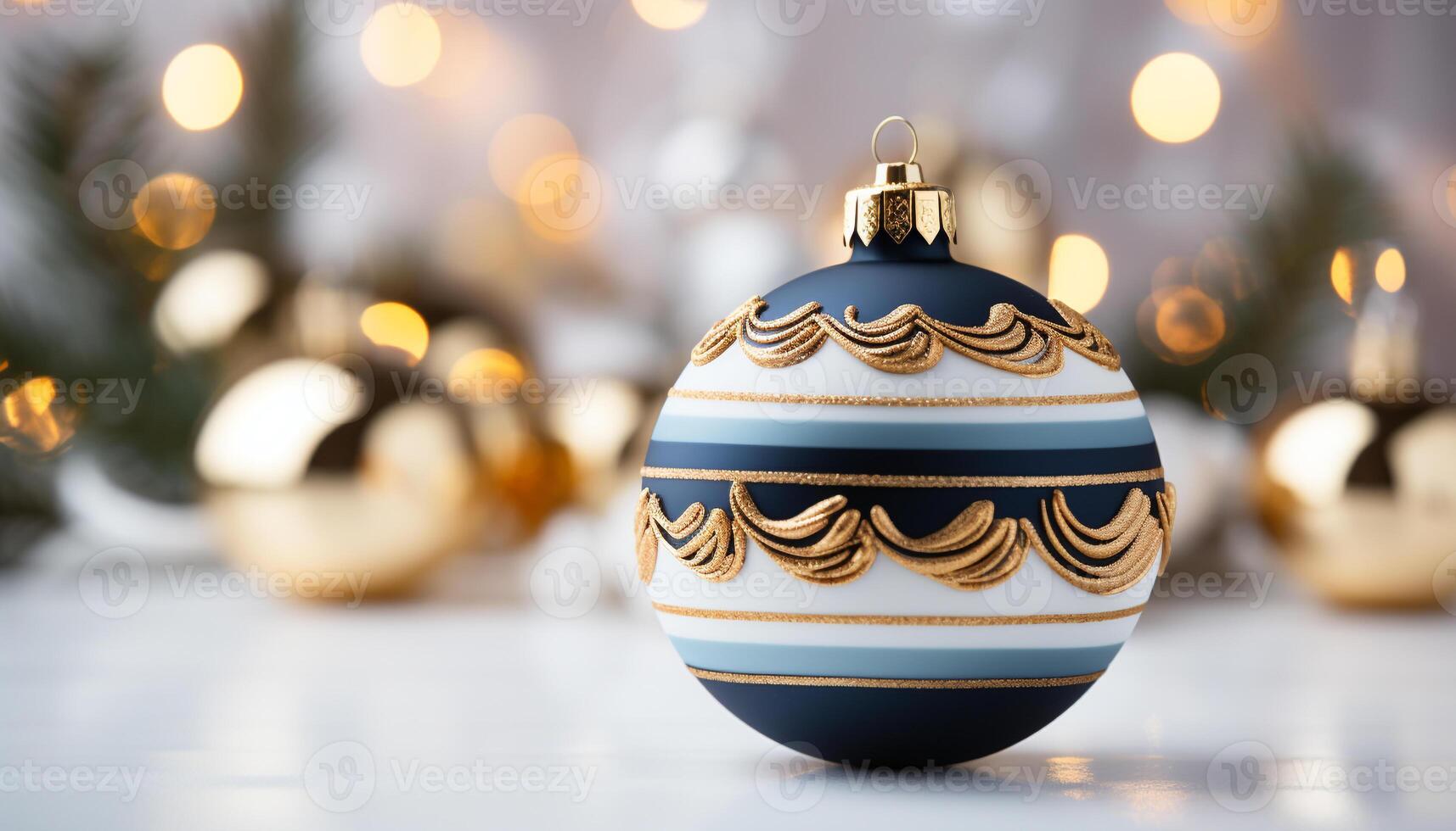 ai gerado Natal decoração vibrante, brilhante, ouro bola em uma azul fundo gerado de ai foto