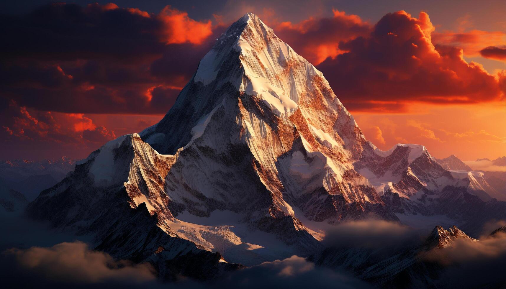 ai gerado majestoso montanha pico, neve coberto paisagem, pôr do sol céu, panorâmico beleza gerado de ai foto