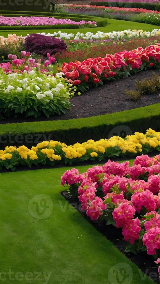 ai gerado glorioso jardins florescendo flores adornando bem cuidada gramados foto