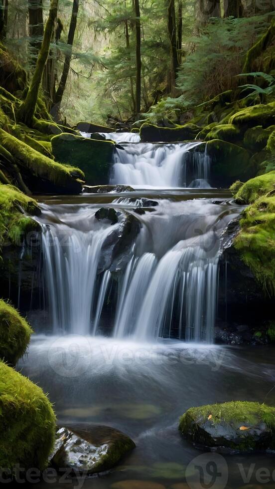 ai gerado caprichoso cachoeiras em cascata córregos entre musgoso pedras foto