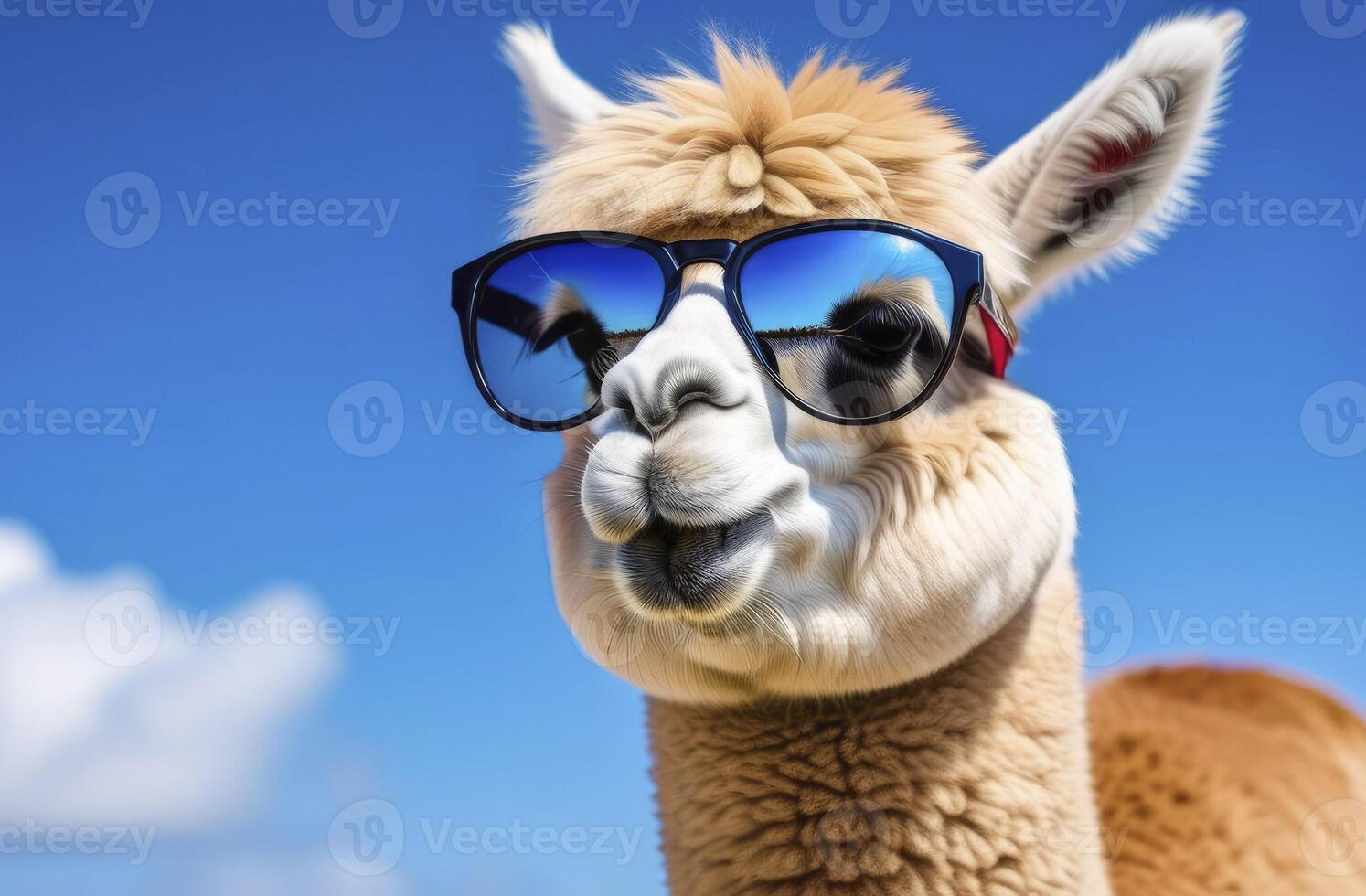 ai gerado uma retrato do engraçado alpaca animal com Sol óculos pastar em verde campo em azul céu foto