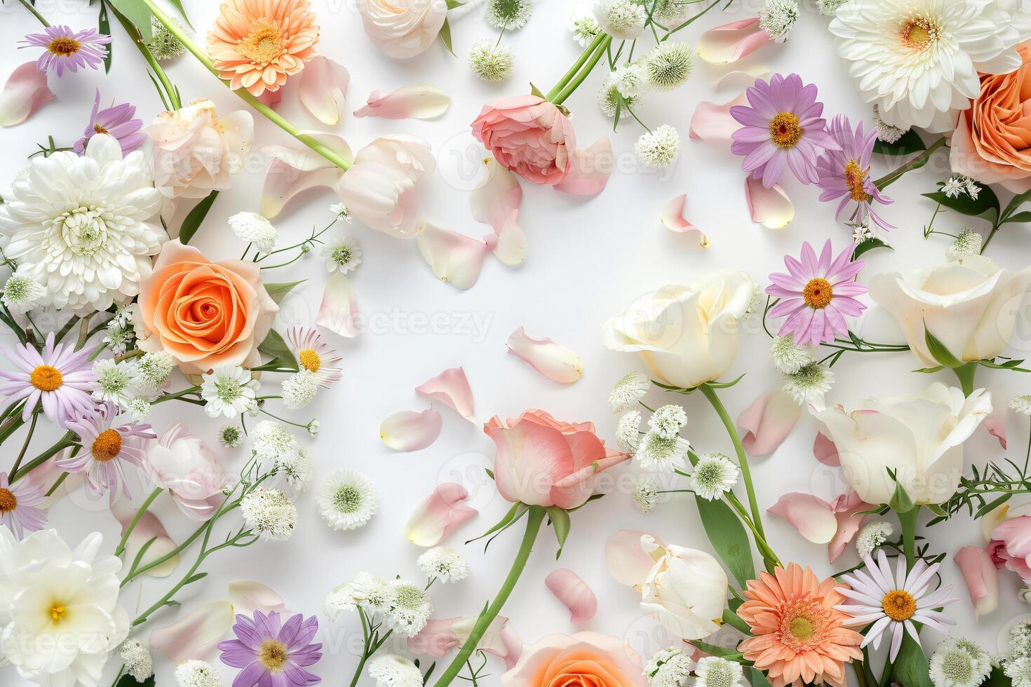 ai gerado vibrante grupo do sortido flores em imaculado suave fundo foto