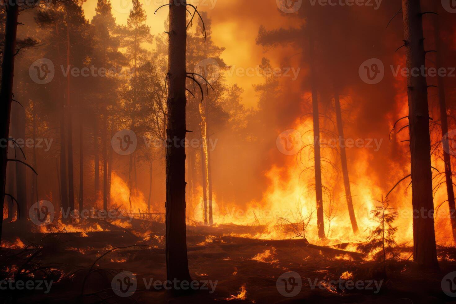 ai gerado floresta fogo, árvores dentro chamas e fumaça. generativo ai foto