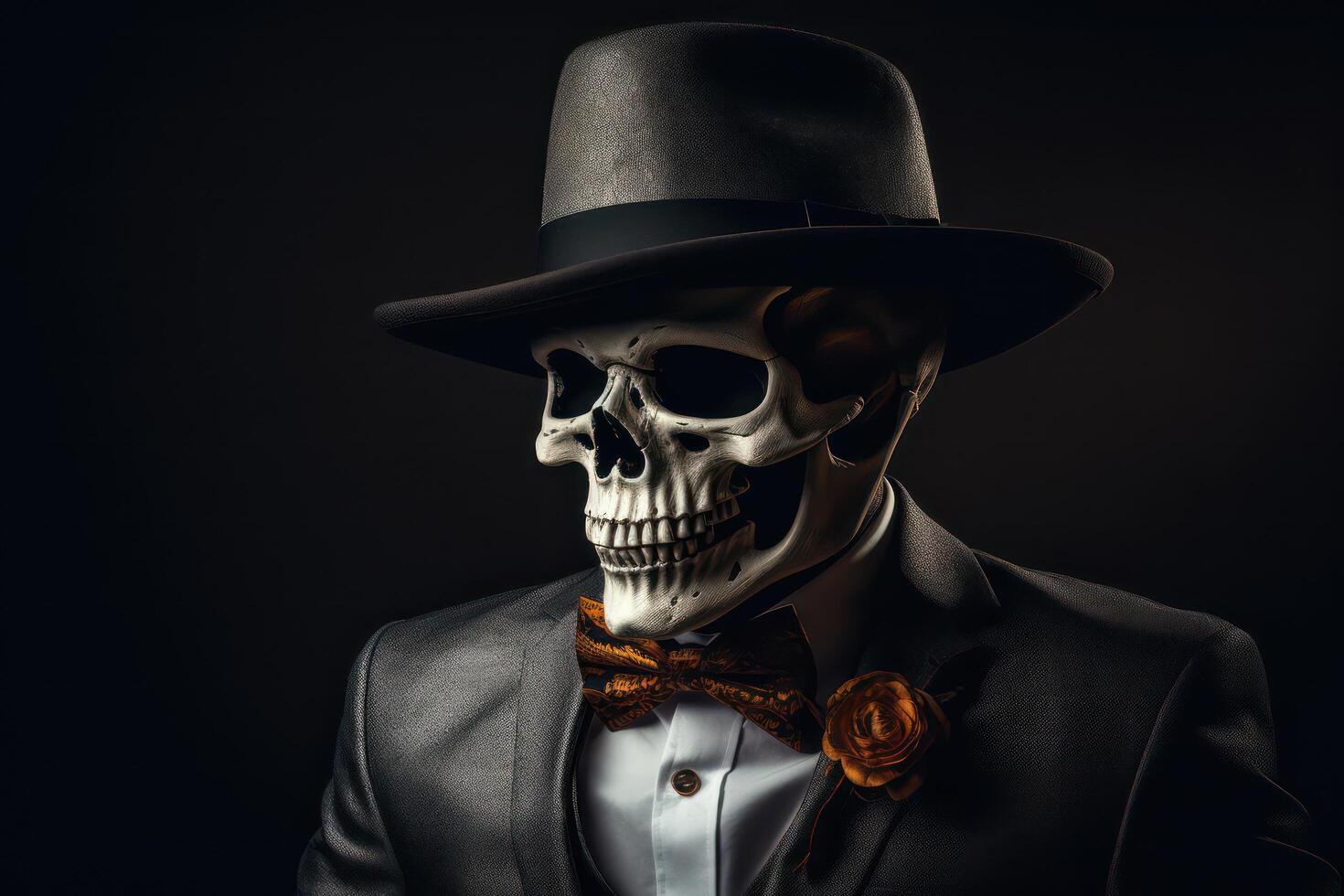 ai gerado esqueleto dentro Preto terno, chapéu e arco gravata. generativo ai foto