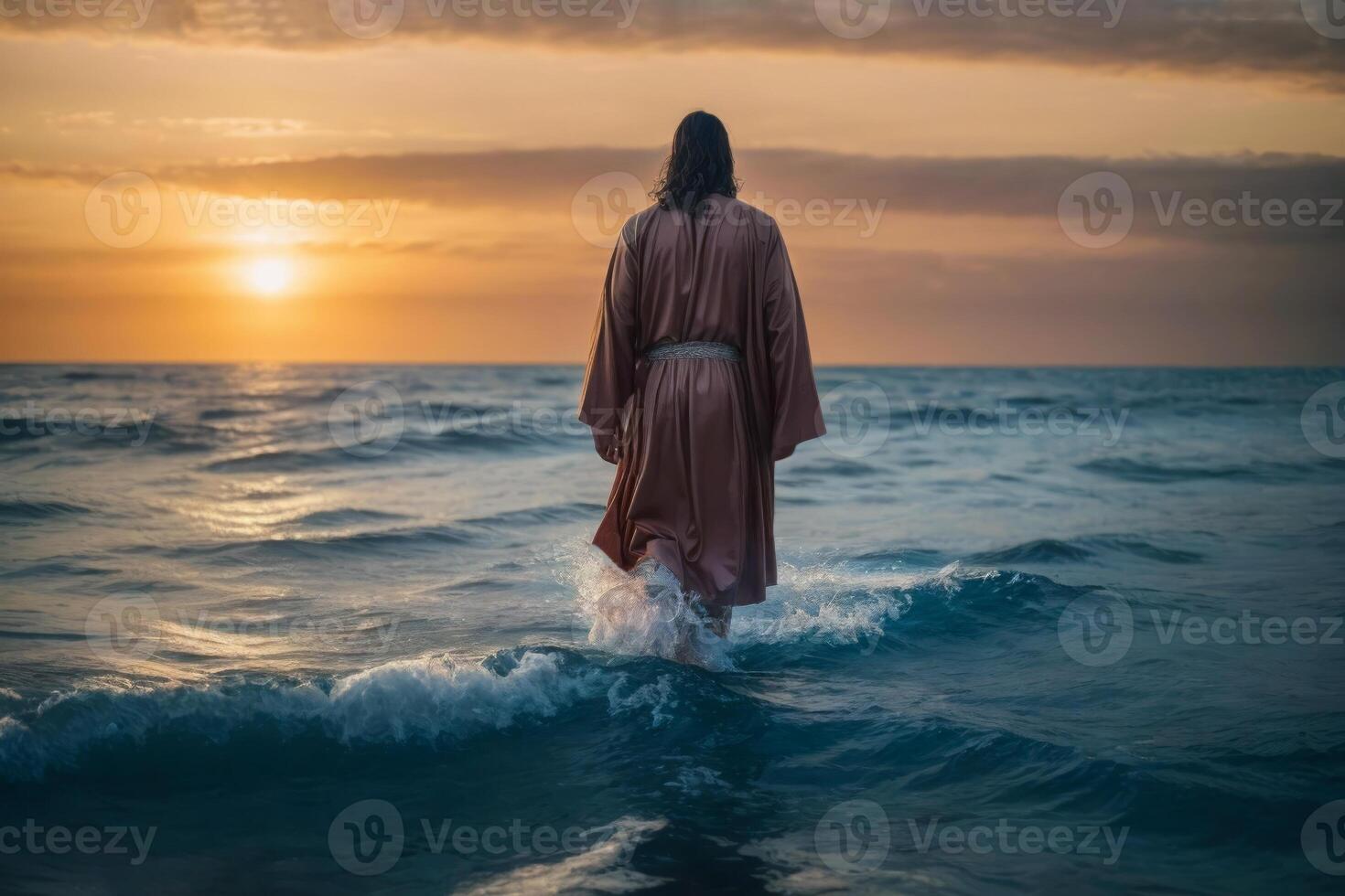 ai gerado milagre do Jesus Cristo caminhando em água, completamente Bíblia histórias e legendas foto