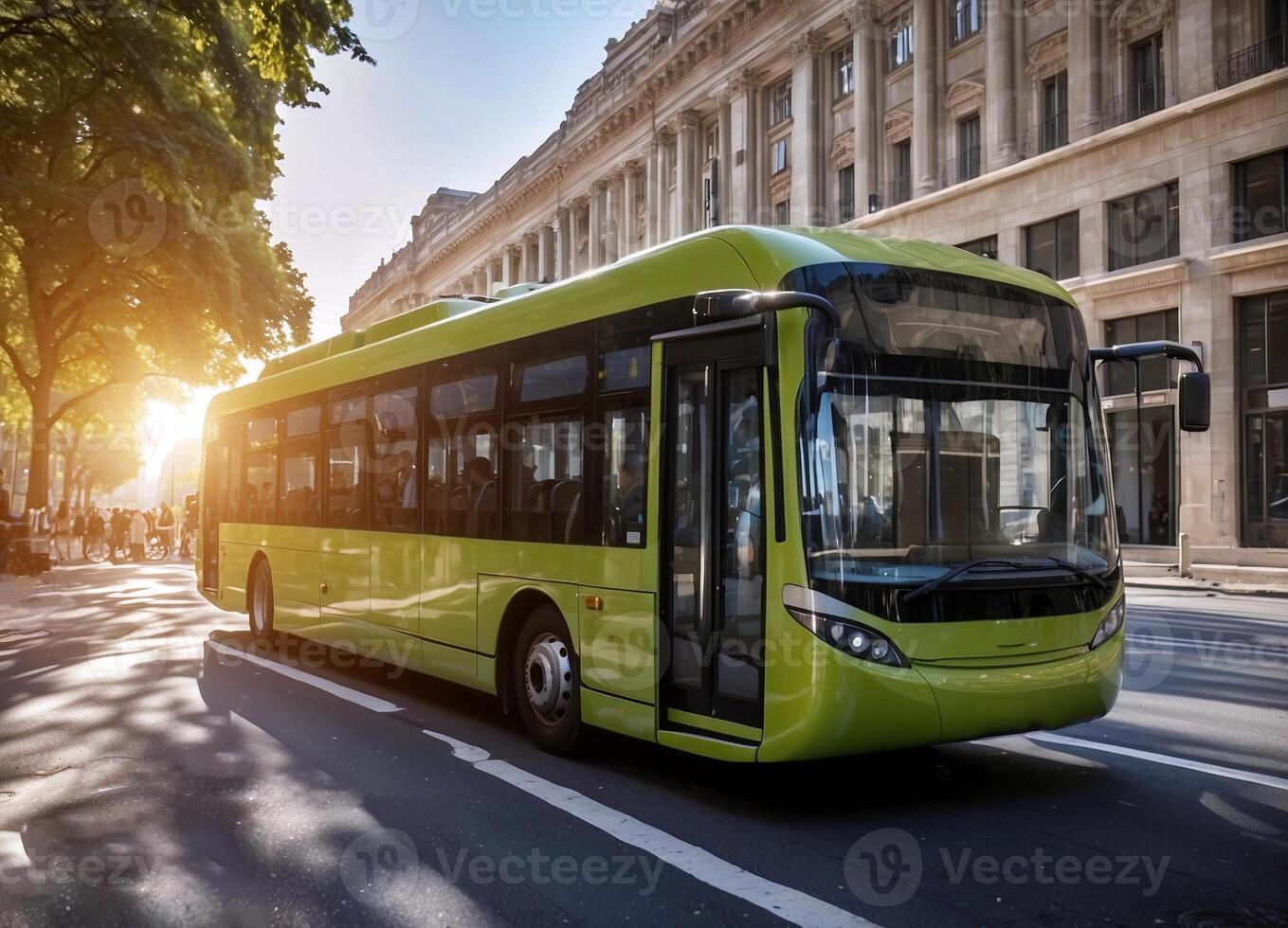 ai gerado uma verde elétrico ônibus é dirigindo baixa uma rua dentro grande cidade foto