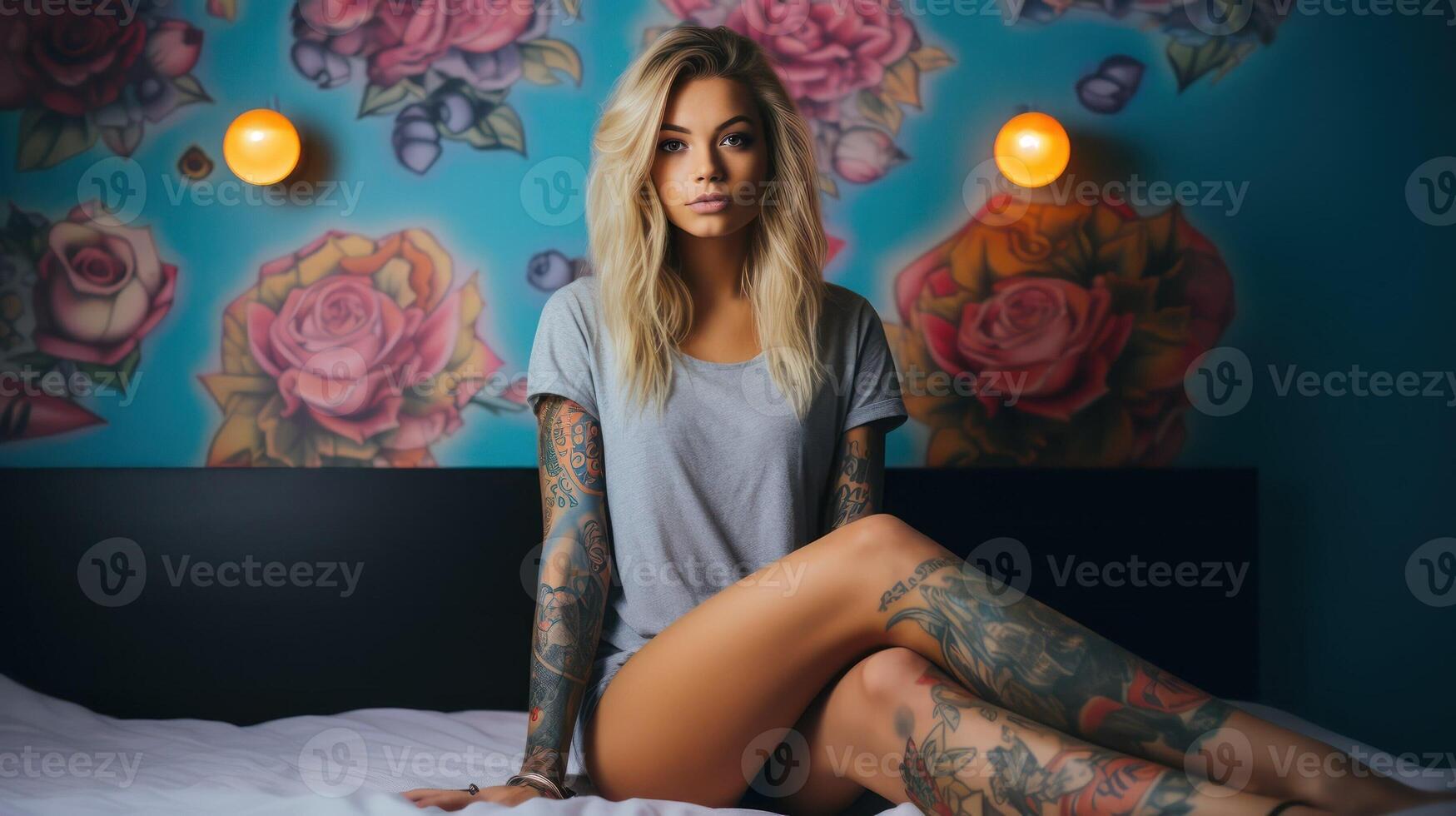 ai gerado mulher com tatuagem às quarto, atraente tatuado Loiras menina dentro cama. ai gerado. fêmea pessoa, jovem fêmea lindo retrato, lindo sensual modelo foto