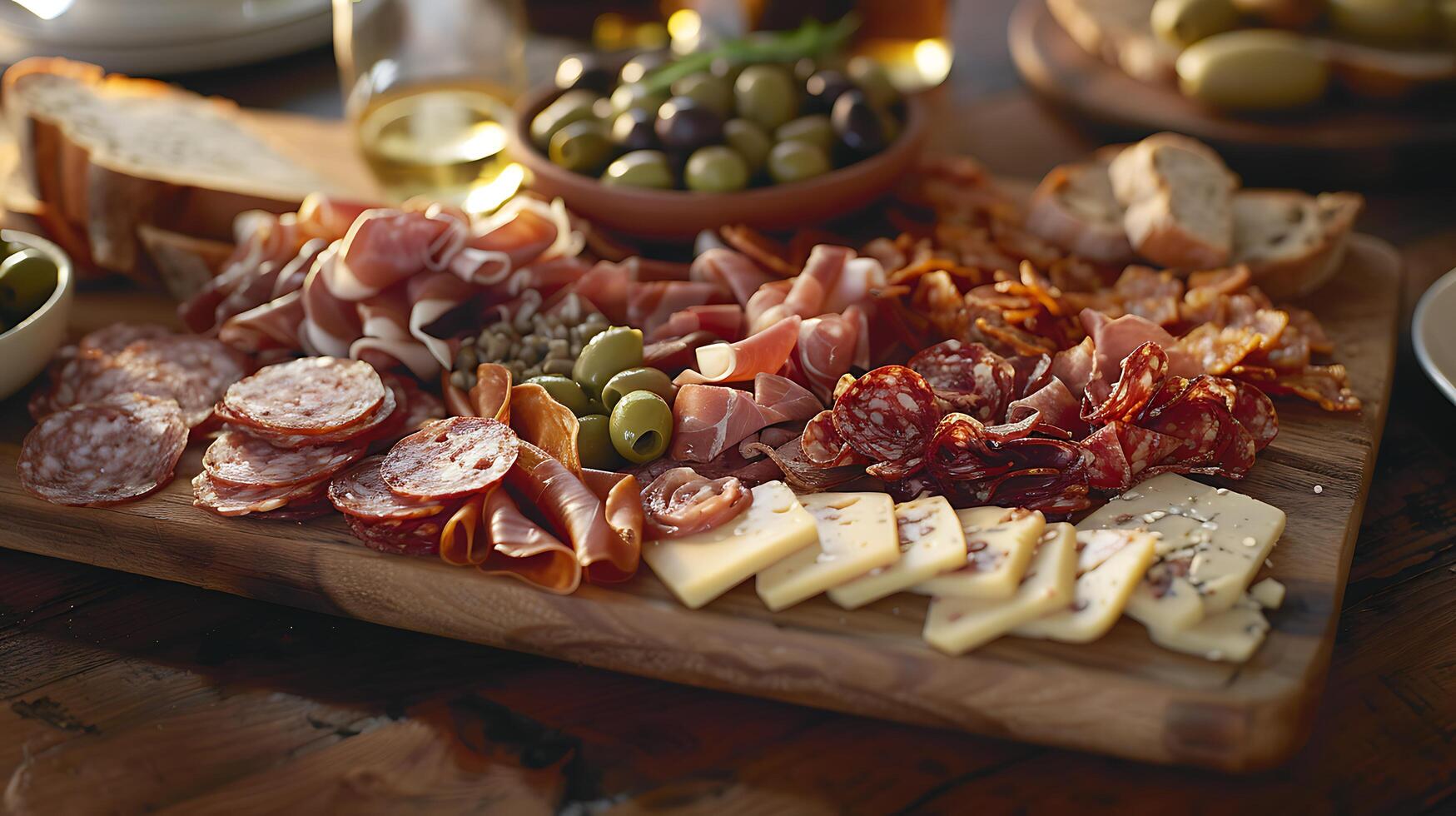 ai gerado artisticamente arranjado charcutaria borda vitrines sortido queijos carnes e frutas contra rústico pano de fundo com suave natural luz foto