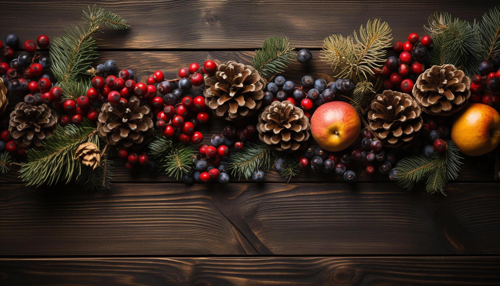 ai gerado rústico madeira mesa adornado com festivo Natal decorações gerado de ai foto