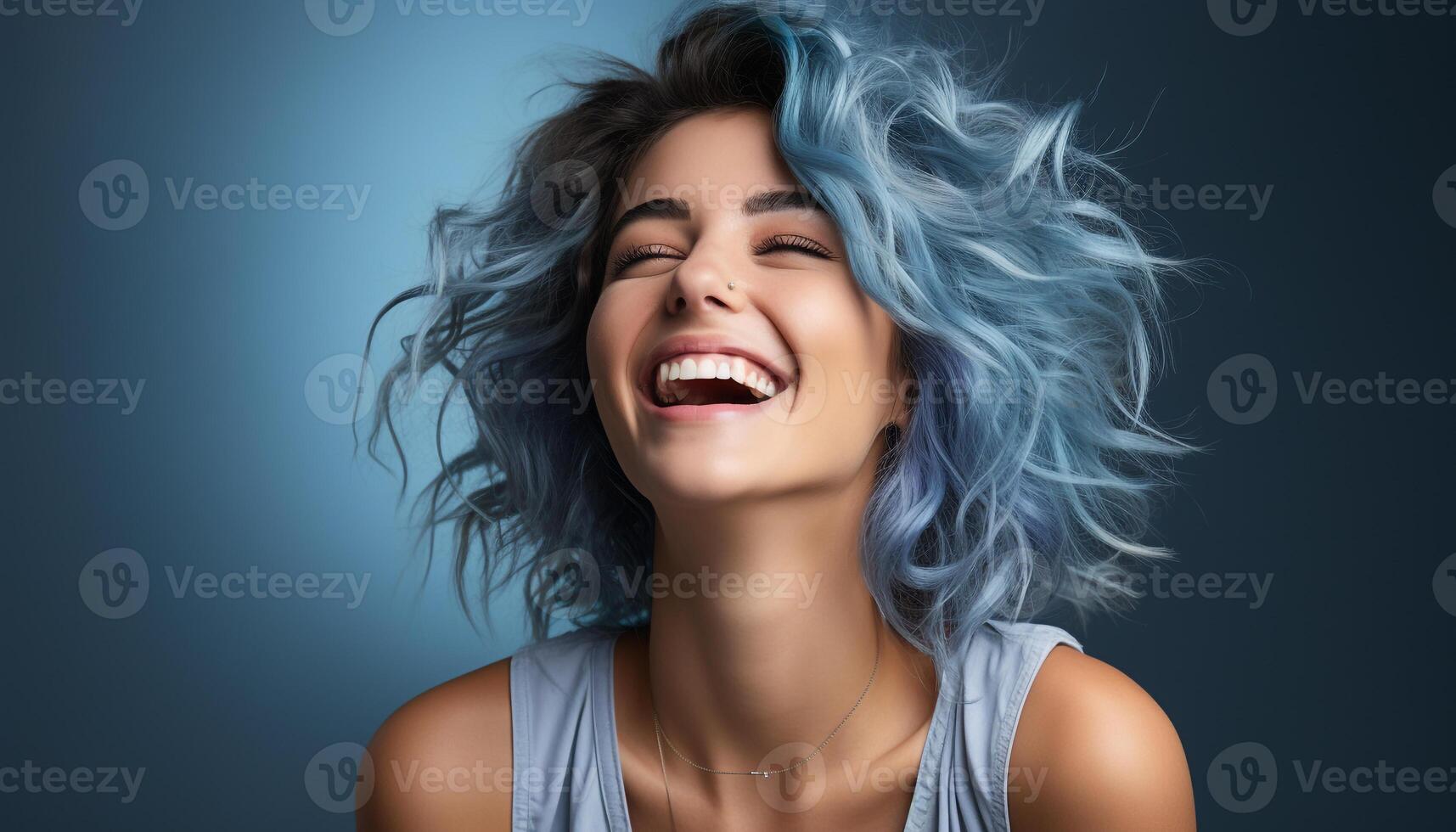 ai gerado 1 lindo mulher com grandes loiro cabelo sorridente alegremente gerado de ai foto