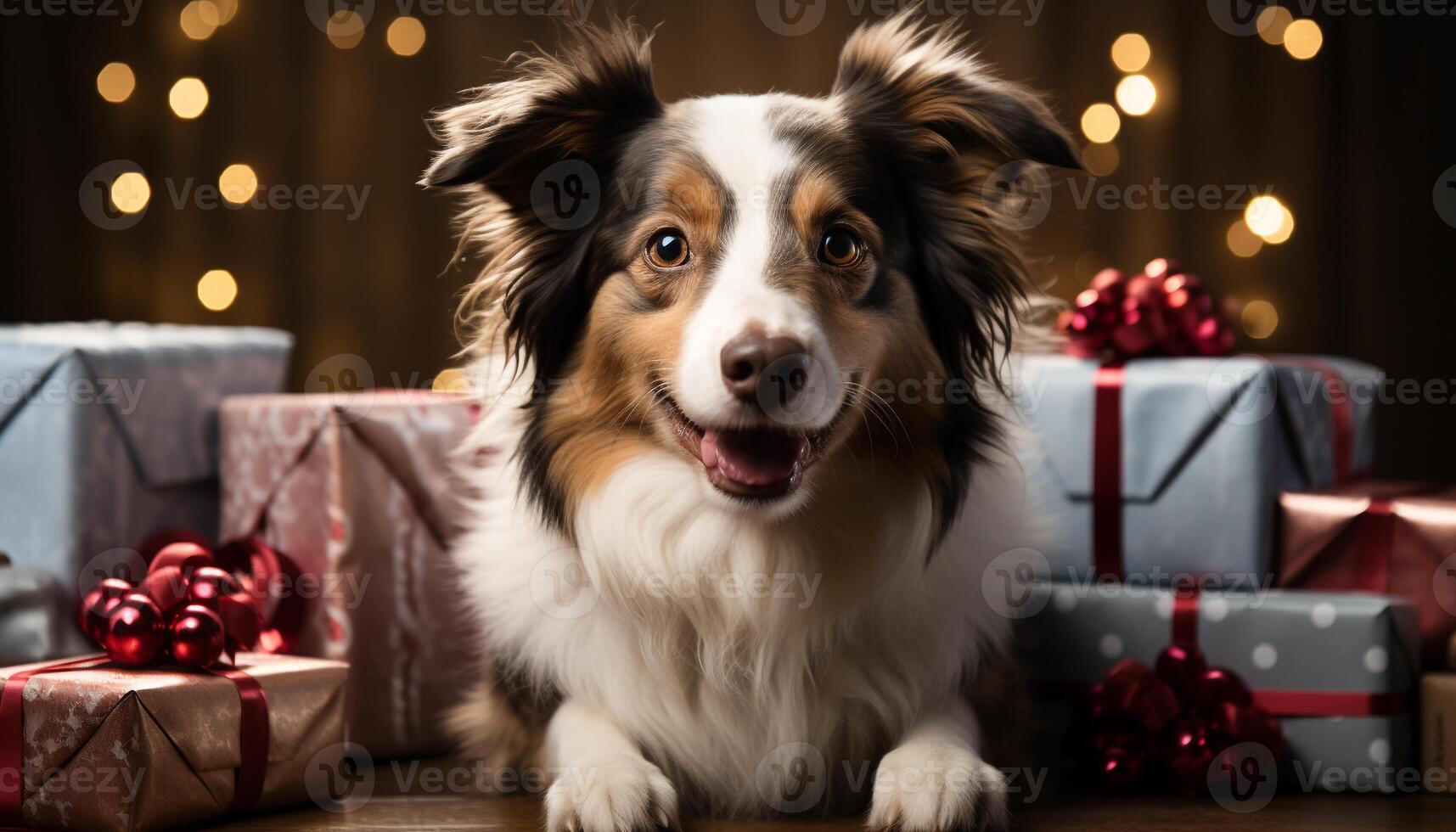 ai gerado fofa cachorro sentado de Natal árvore, uma alegre presente gerado de ai foto