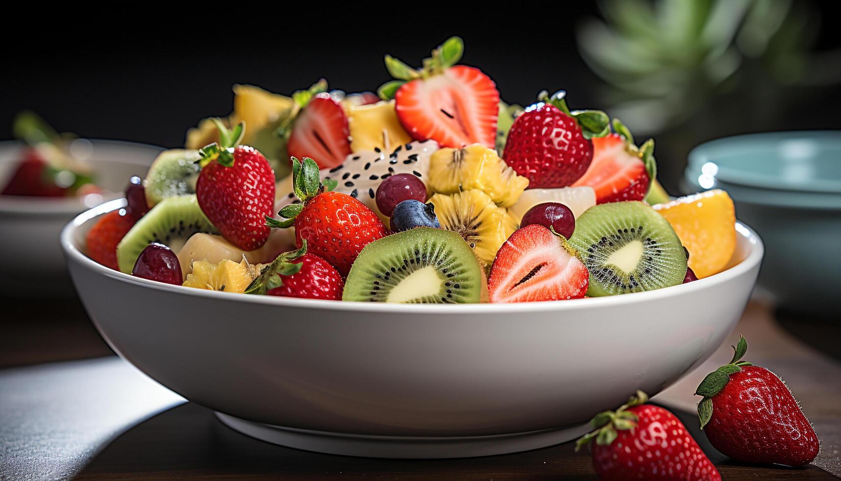 ai gerado fresco fruta salada em de madeira mesa, uma saudável verão lanche gerado de ai foto