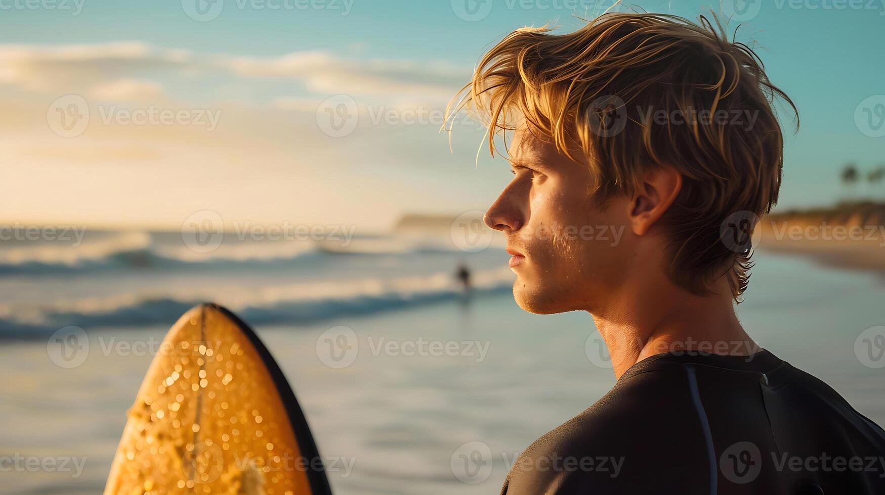 ai gerado homem segurando amarelo prancha de surfe em de praia. generativo ai. foto