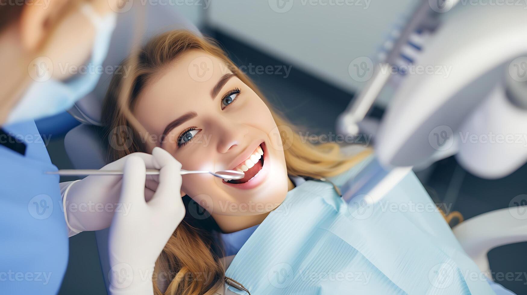 ai gerado mulher sentado dentro dentista cadeira com escova de dente dentro boca. generativo ai. foto