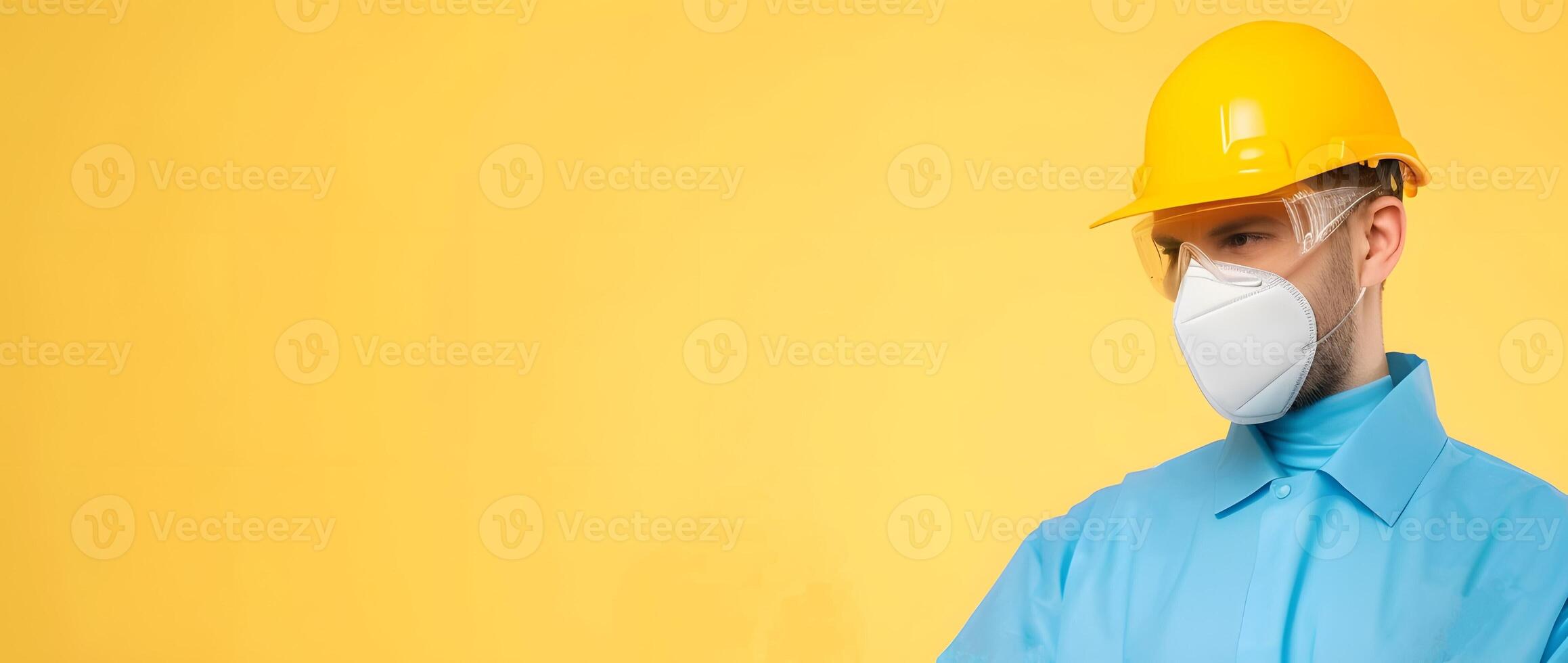 ai gerado homem dentro amarelo Difícil chapéu e azul camisa. generativo ai foto