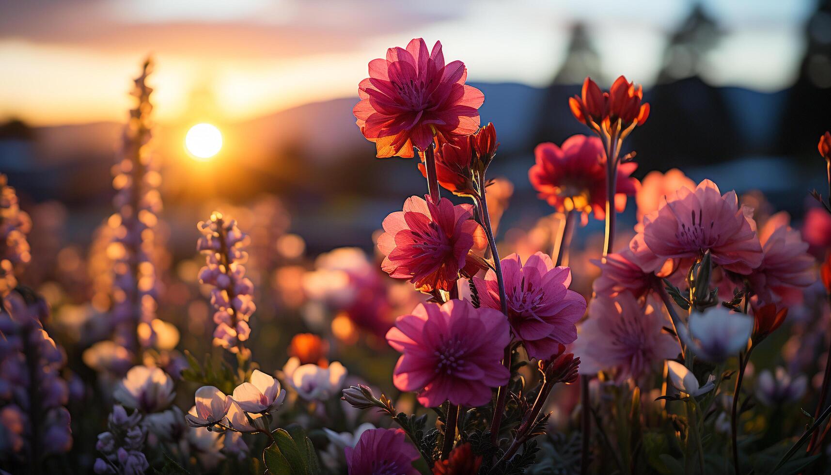 ai gerado pôr do sol Prado vibrante flores florescer, pintura natureza romântico panorama gerado de ai foto