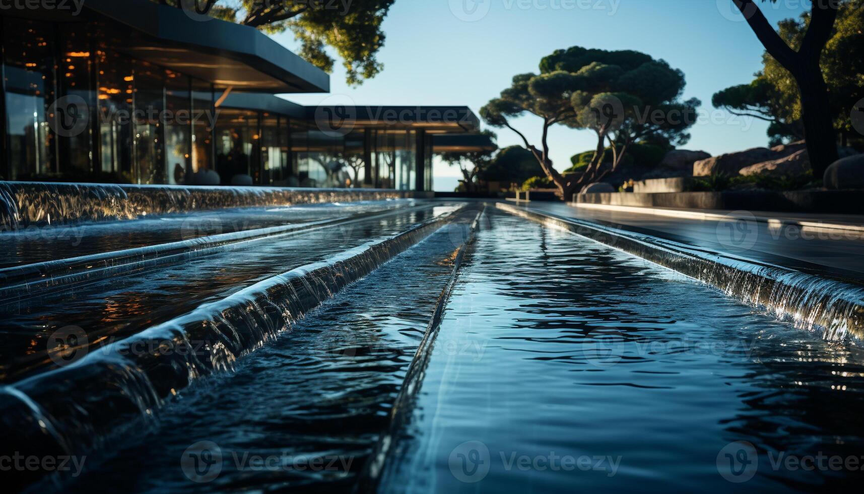 ai gerado período noturno reflexão do moderno cidade edifícios dentro uma natação piscina gerado de ai foto