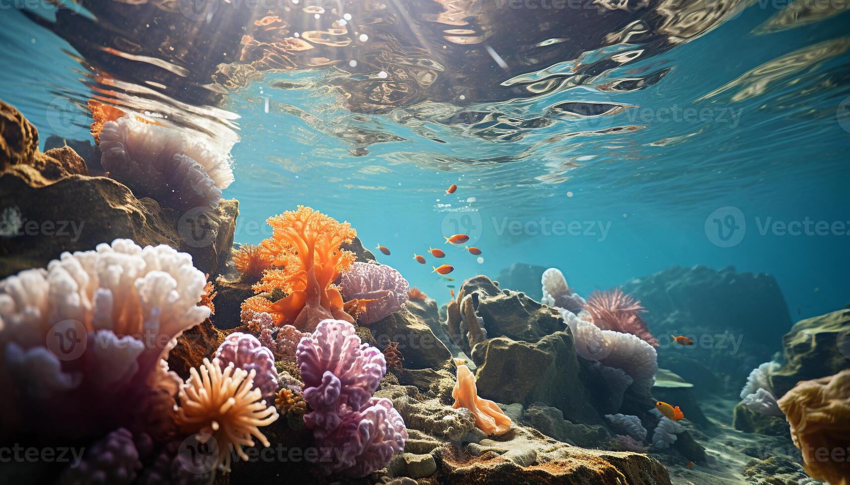 ai gerado embaixo da agua recife peixe nadar dentro profundo azul tropical águas gerado de ai foto