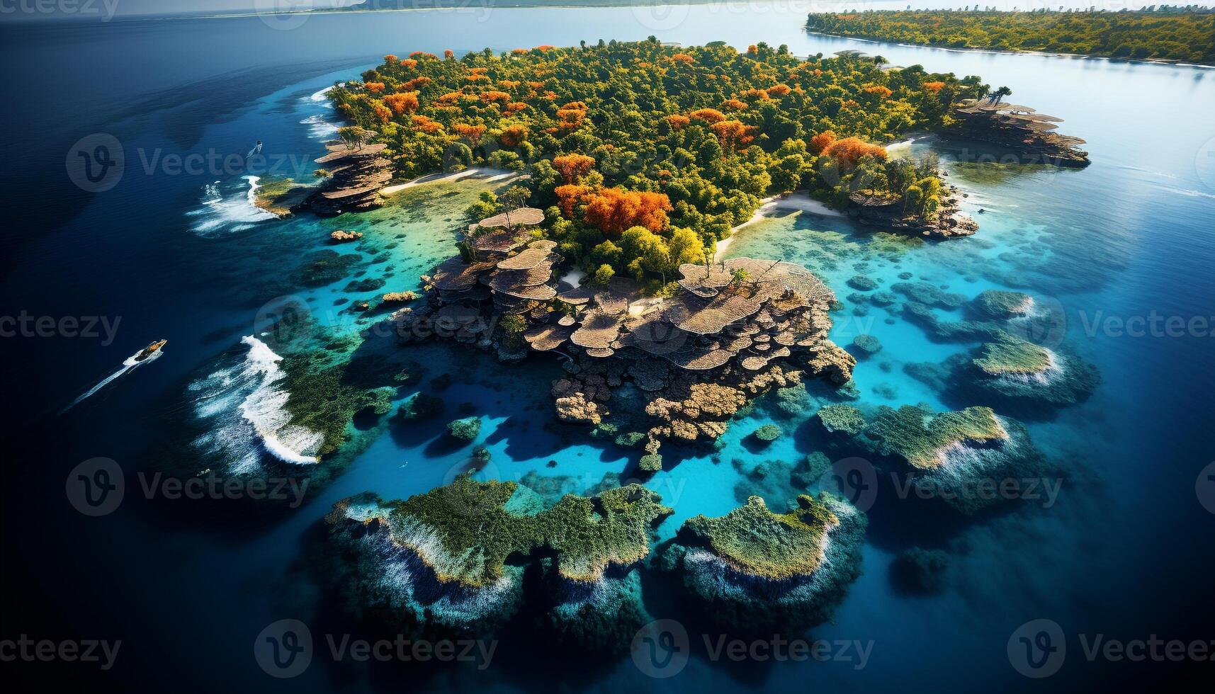 ai gerado aéreo Visão do tranquilo litoral, azul água, e tropical floresta gerado de ai foto