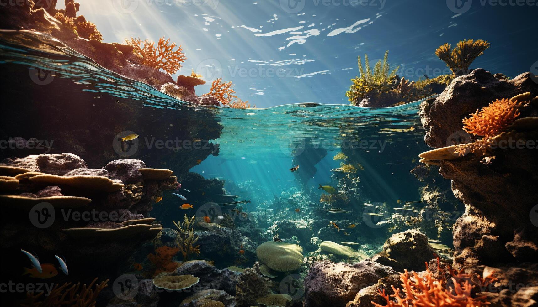 ai gerado embaixo da agua peixe recife, natureza água coral, animal azul profundo gerado de ai foto