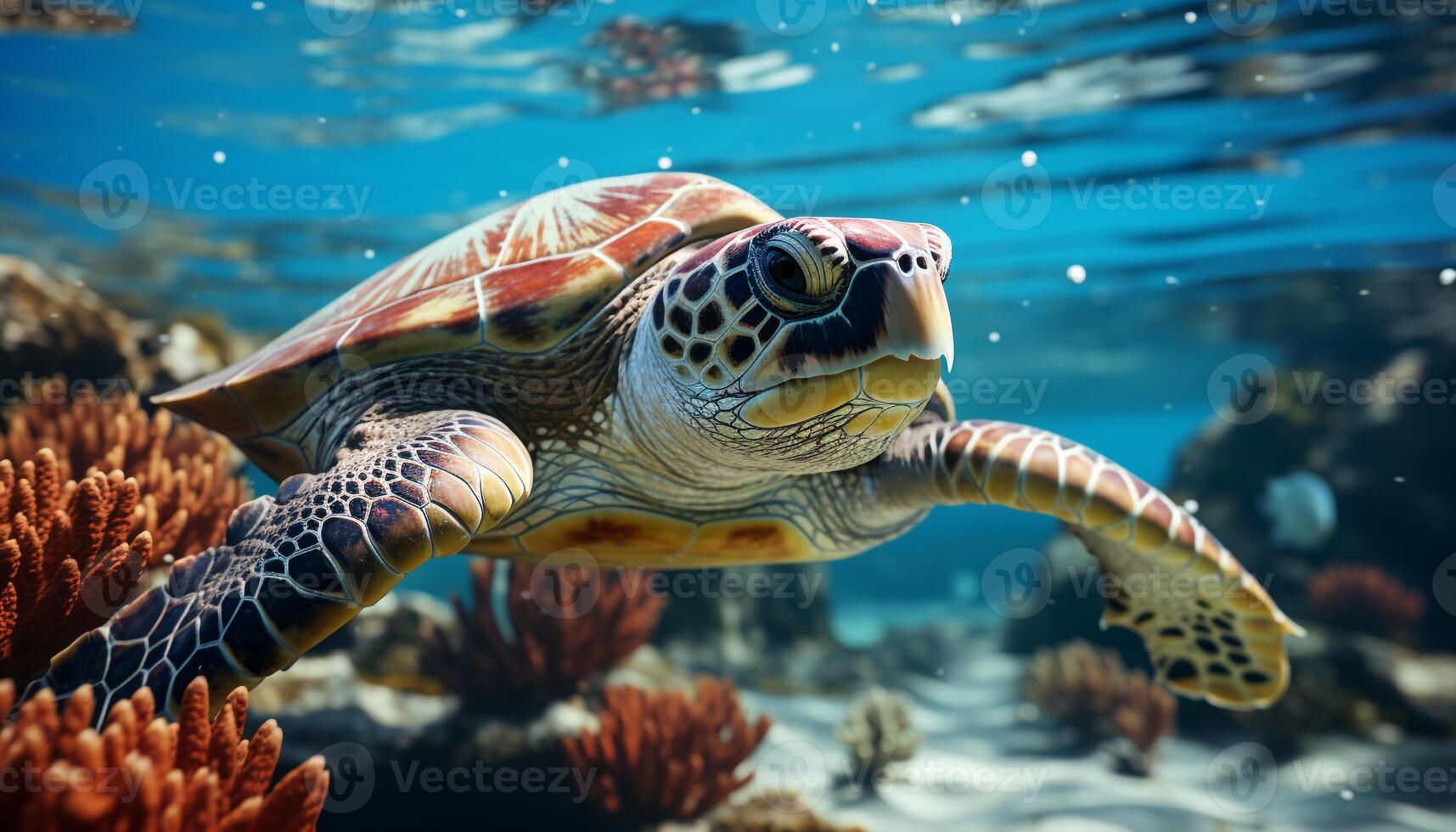 ai gerado uma lindo mar tartaruga natação dentro a embaixo da agua recife gerado de ai foto