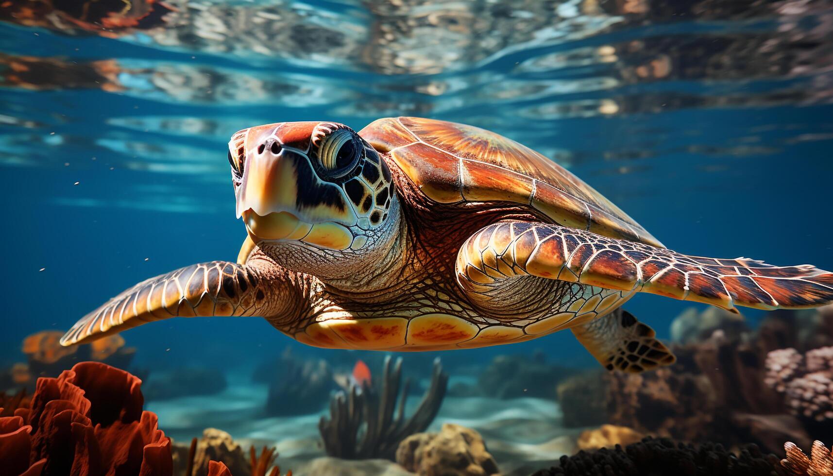 ai gerado uma lindo mar tartaruga natação dentro a azul embaixo da agua recife gerado de ai foto