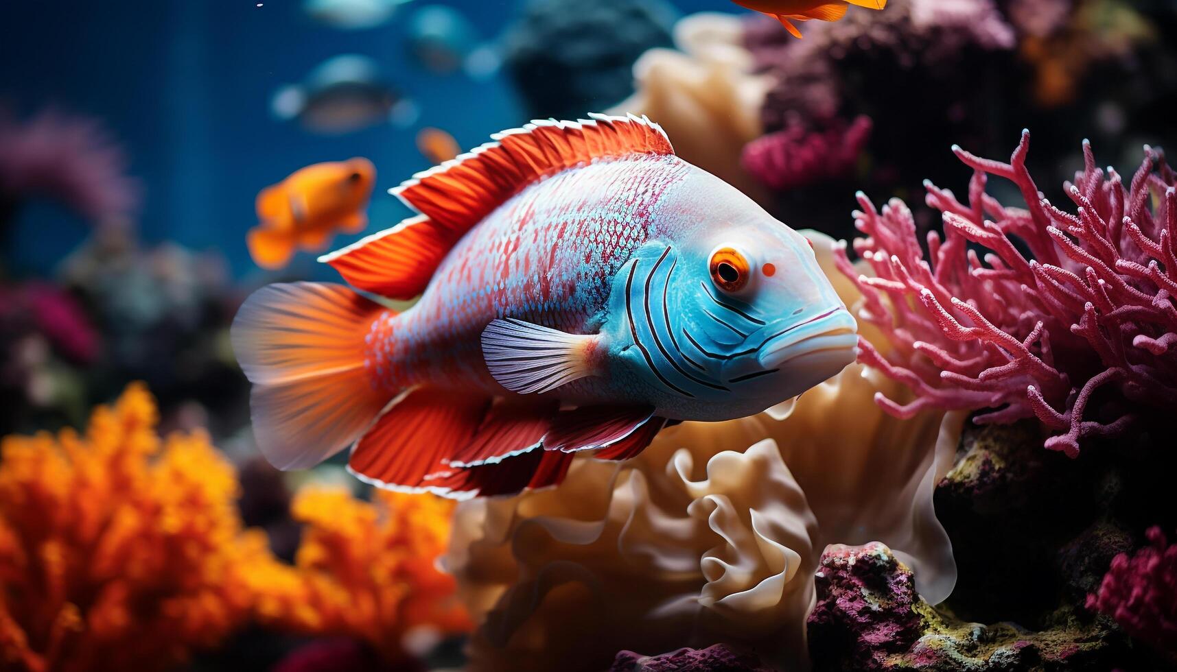 ai gerado vibrante palhaço peixe natação dentro colorida coral recife embaixo da agua gerado de ai foto