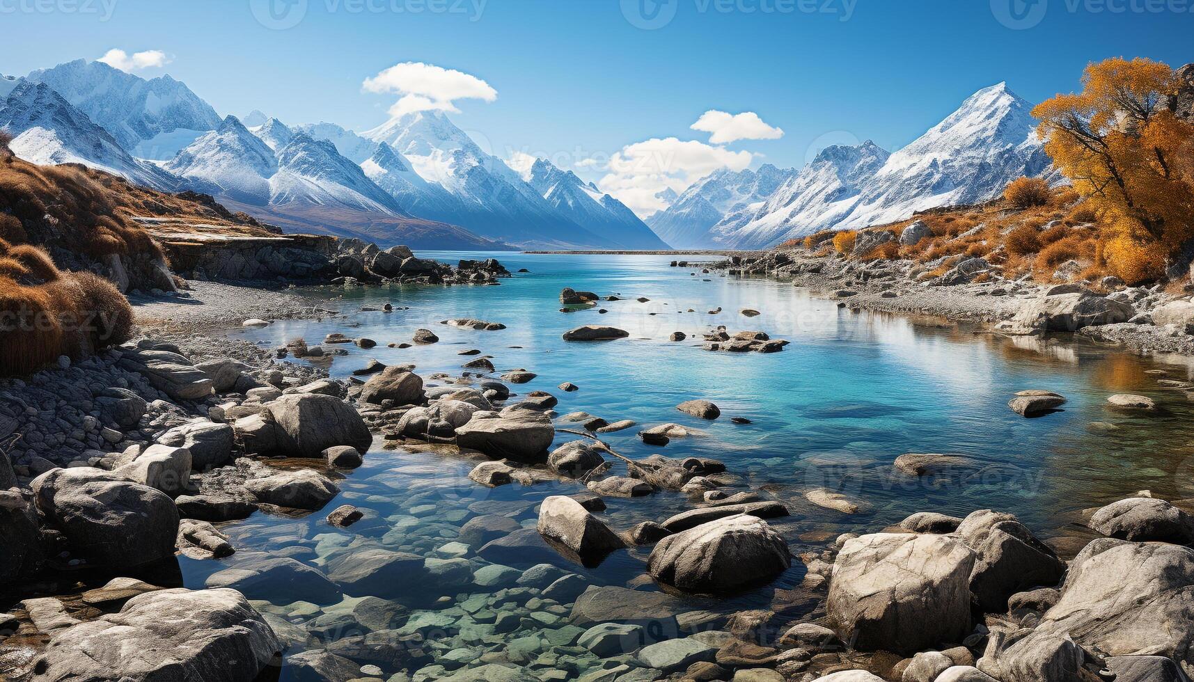 ai gerado majestoso montanha pico reflete tranquilo azul água, sereno natureza gerado de ai foto