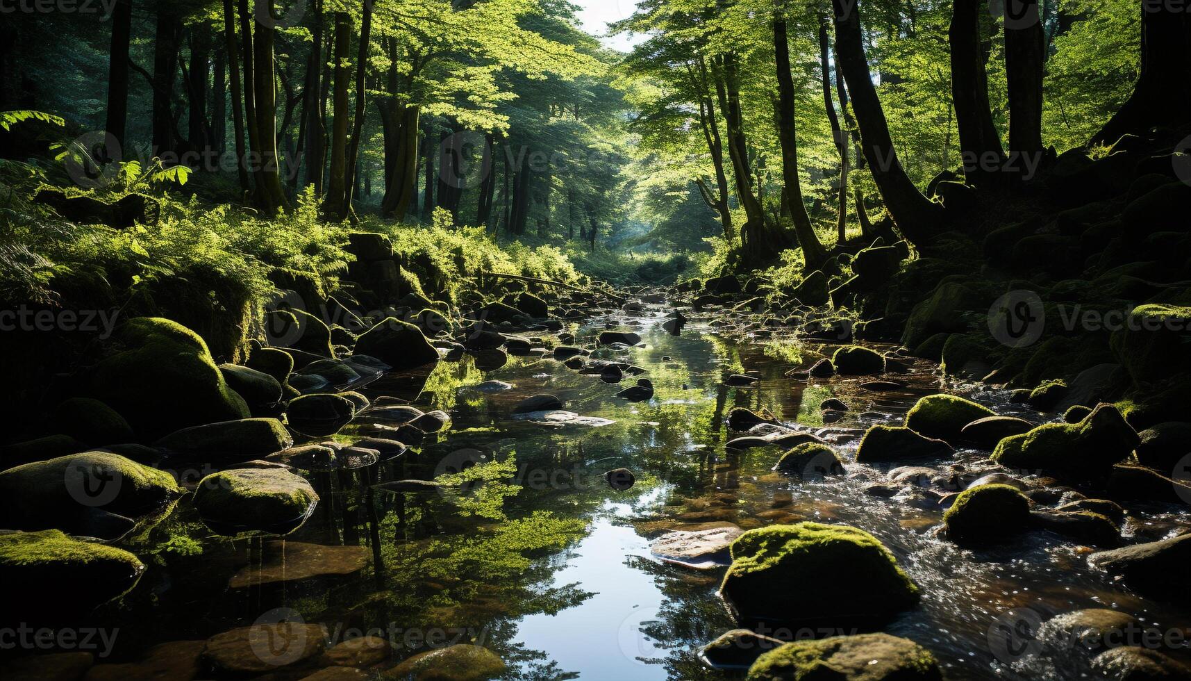 ai gerado tranquilo cena verde floresta, fluindo água, refletindo a beleza gerado de ai foto