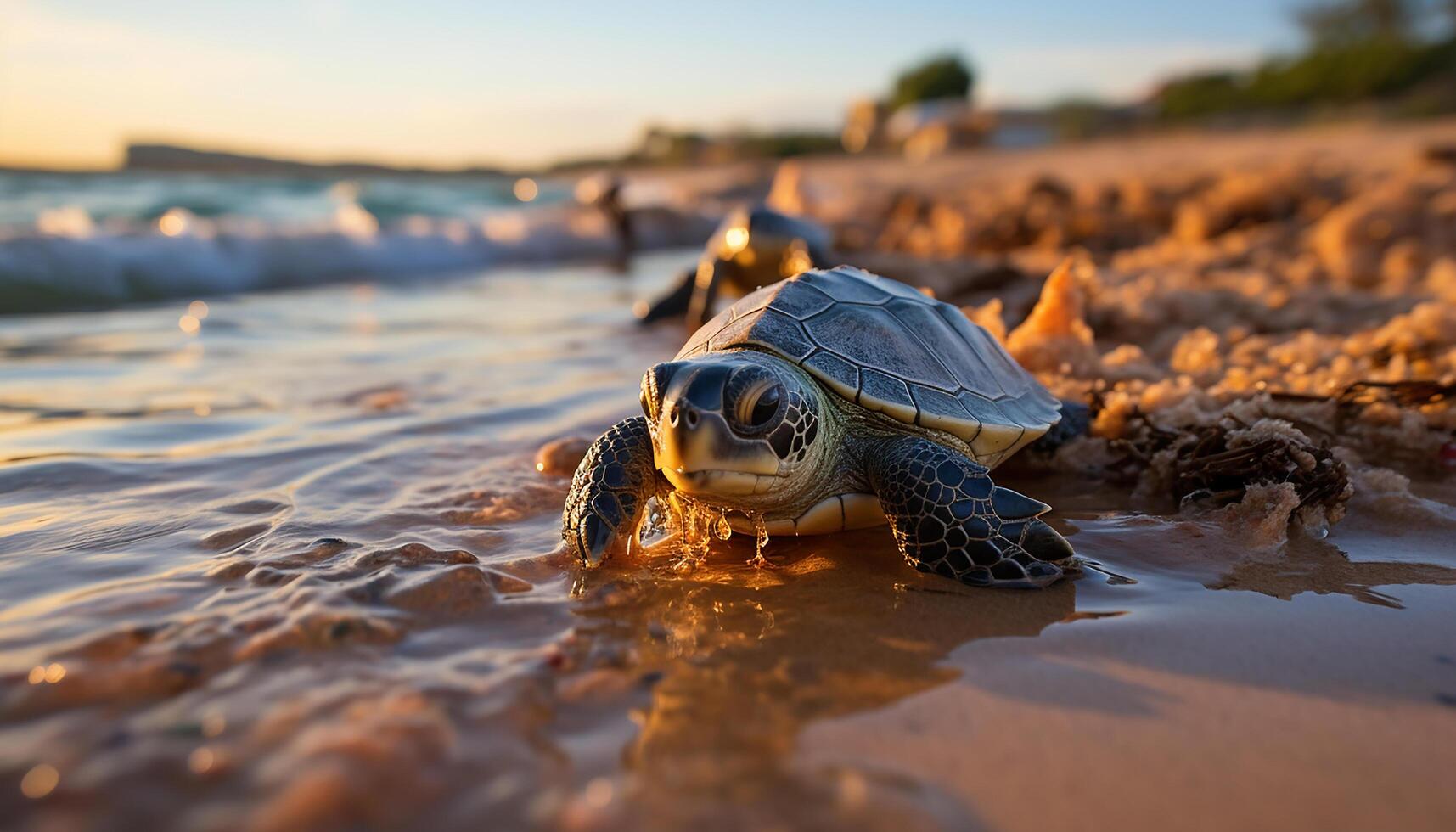 ai gerado fofa tartaruga rastejando em arenoso praia, desfrutando tropical pôr do sol gerado de ai foto