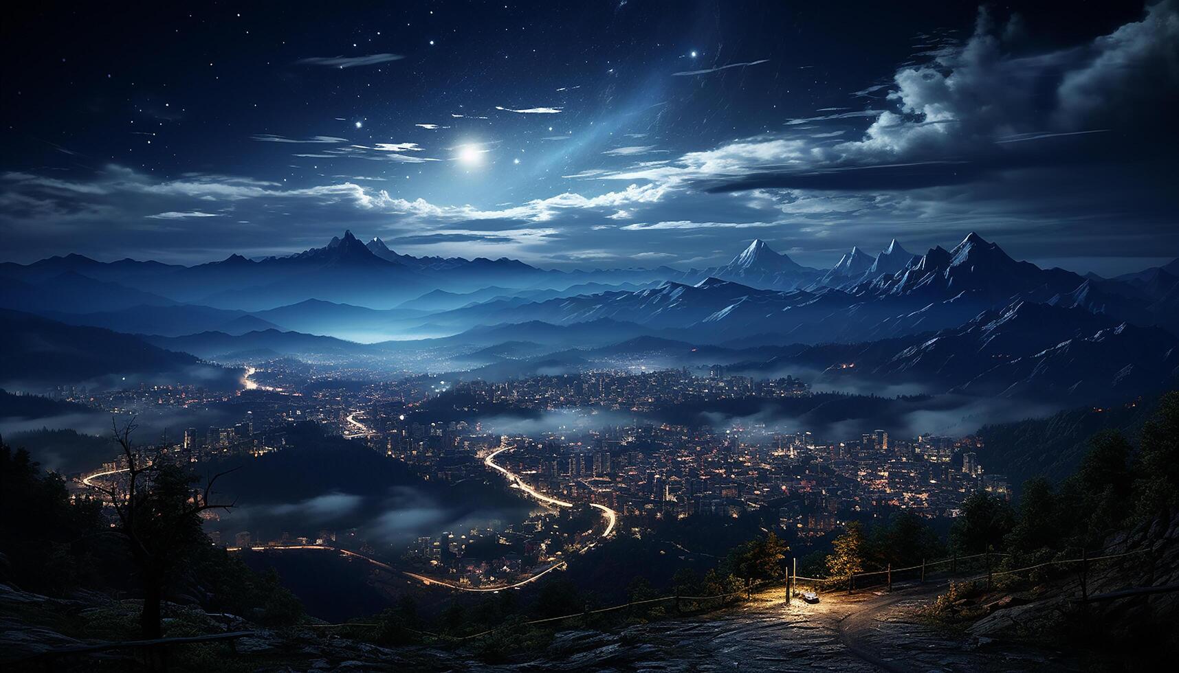 ai gerado tranquilo montanha pico iluminado de luar dentro Sombrio noite gerado de ai foto