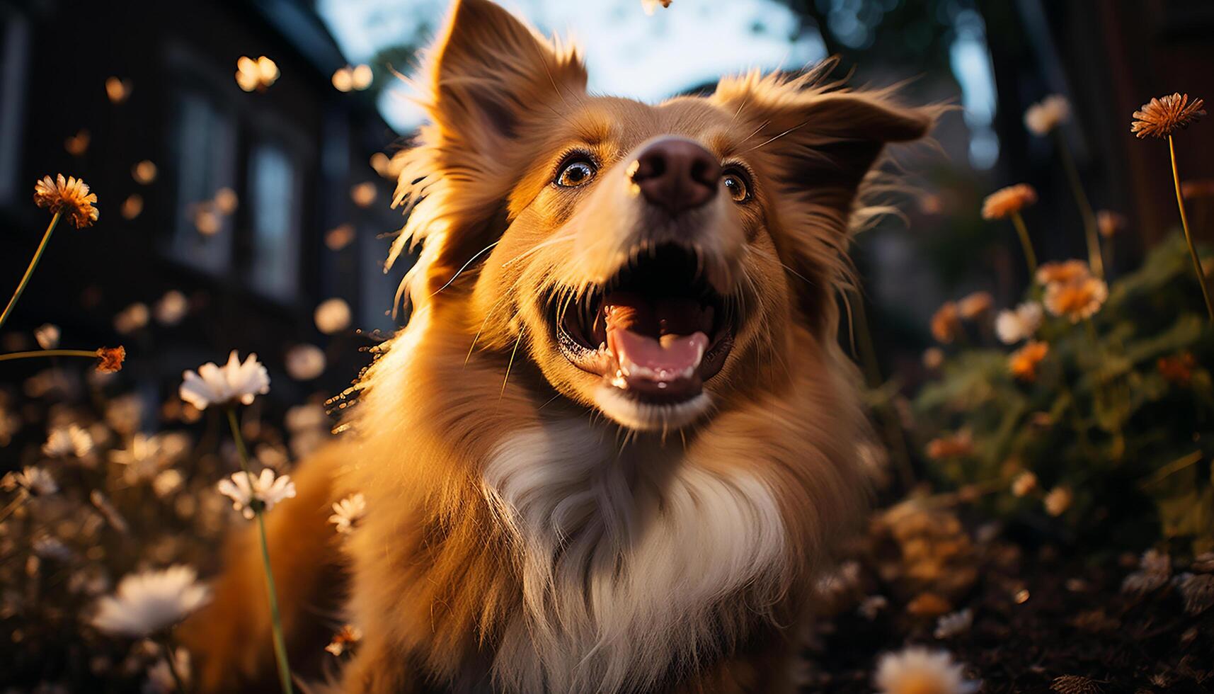 ai gerado fofa cachorro sentado dentro grama, olhando às Câmera, sorridente gerado de ai foto