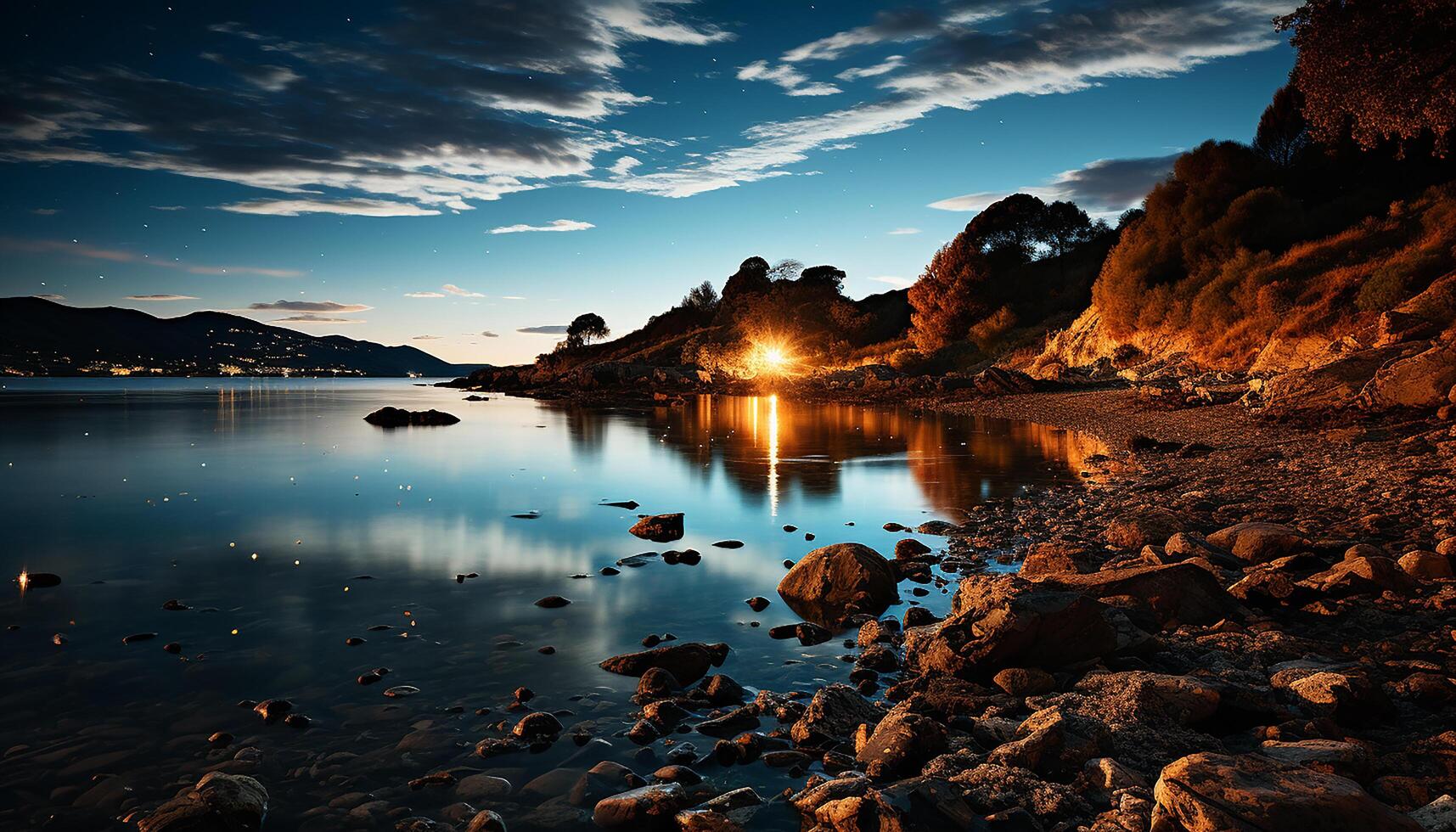 ai gerado tranquilo crepúsculo, azul céu, amarelo outono floresta, refletindo em água gerado de ai foto