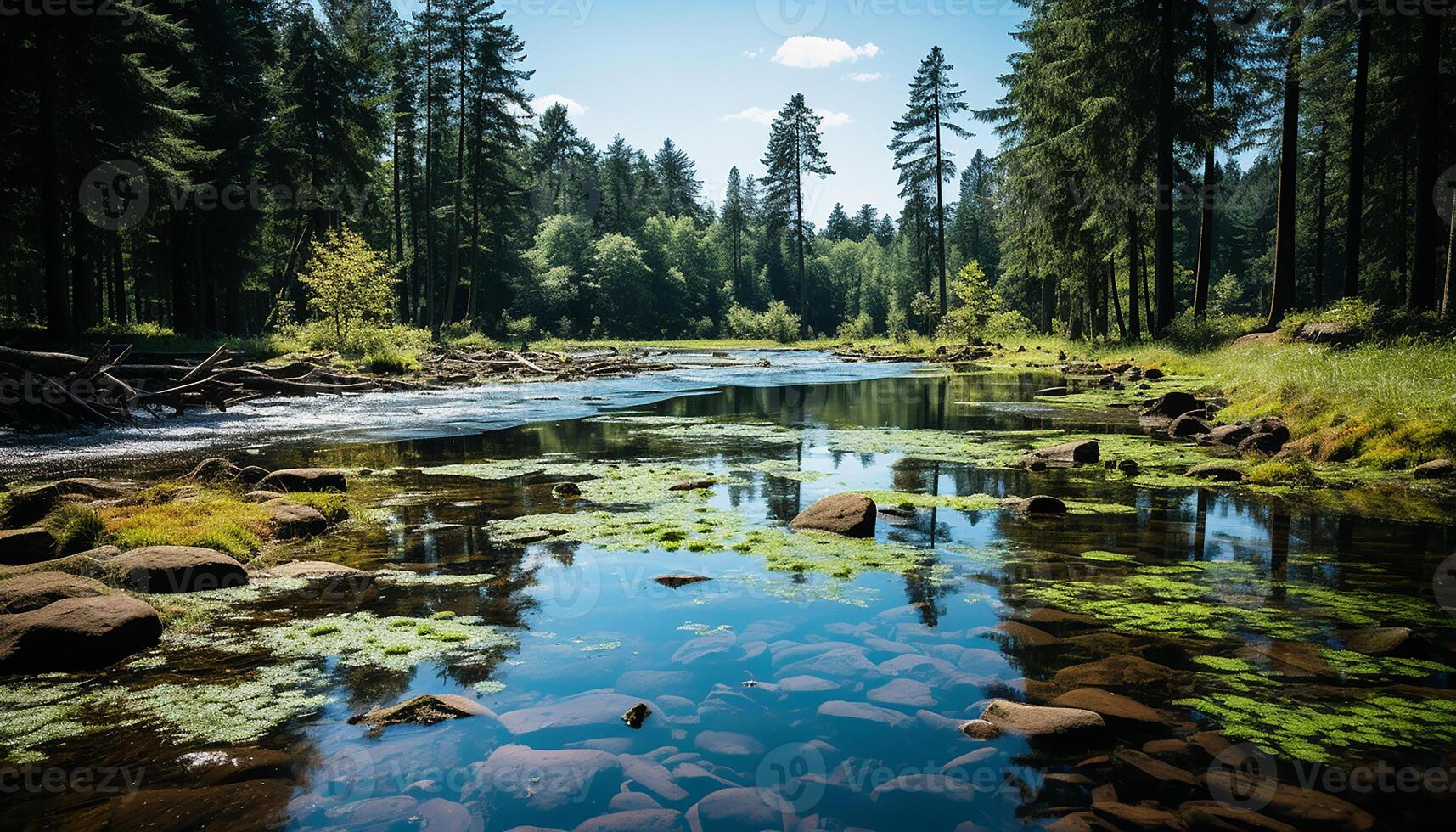 ai gerado tranquilo cena montanha pico, refletindo dentro fluindo água, cercado de natureza gerado de ai foto