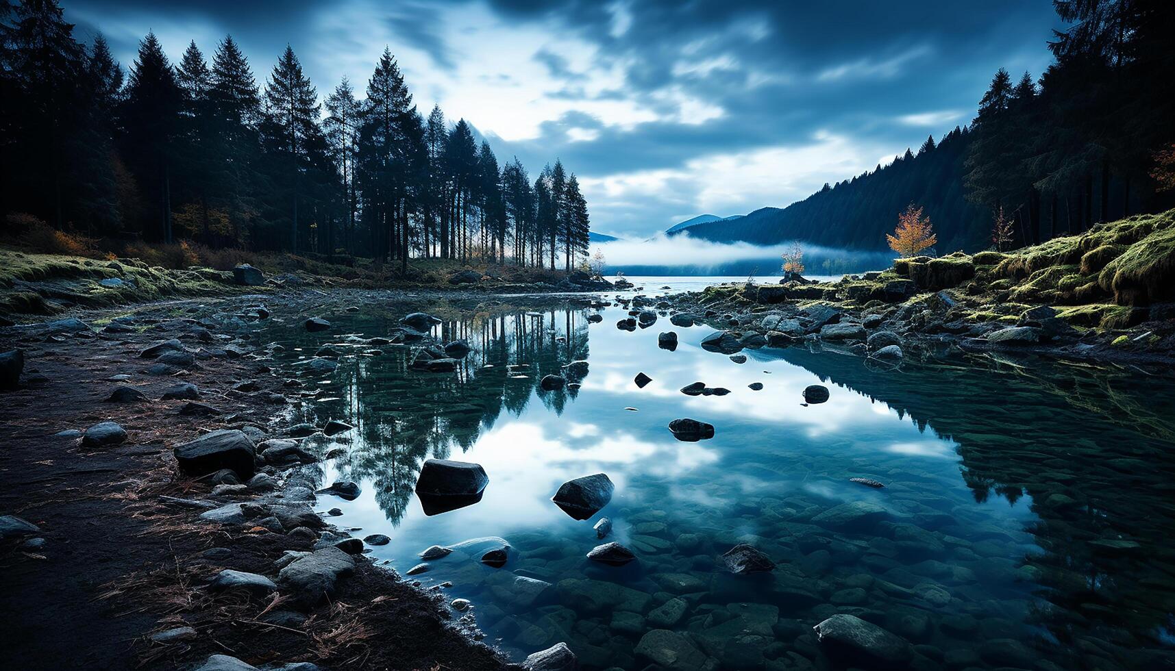 ai gerado tranquilo cena montanha pico reflete dentro sereno azul lagoa gerado de ai foto